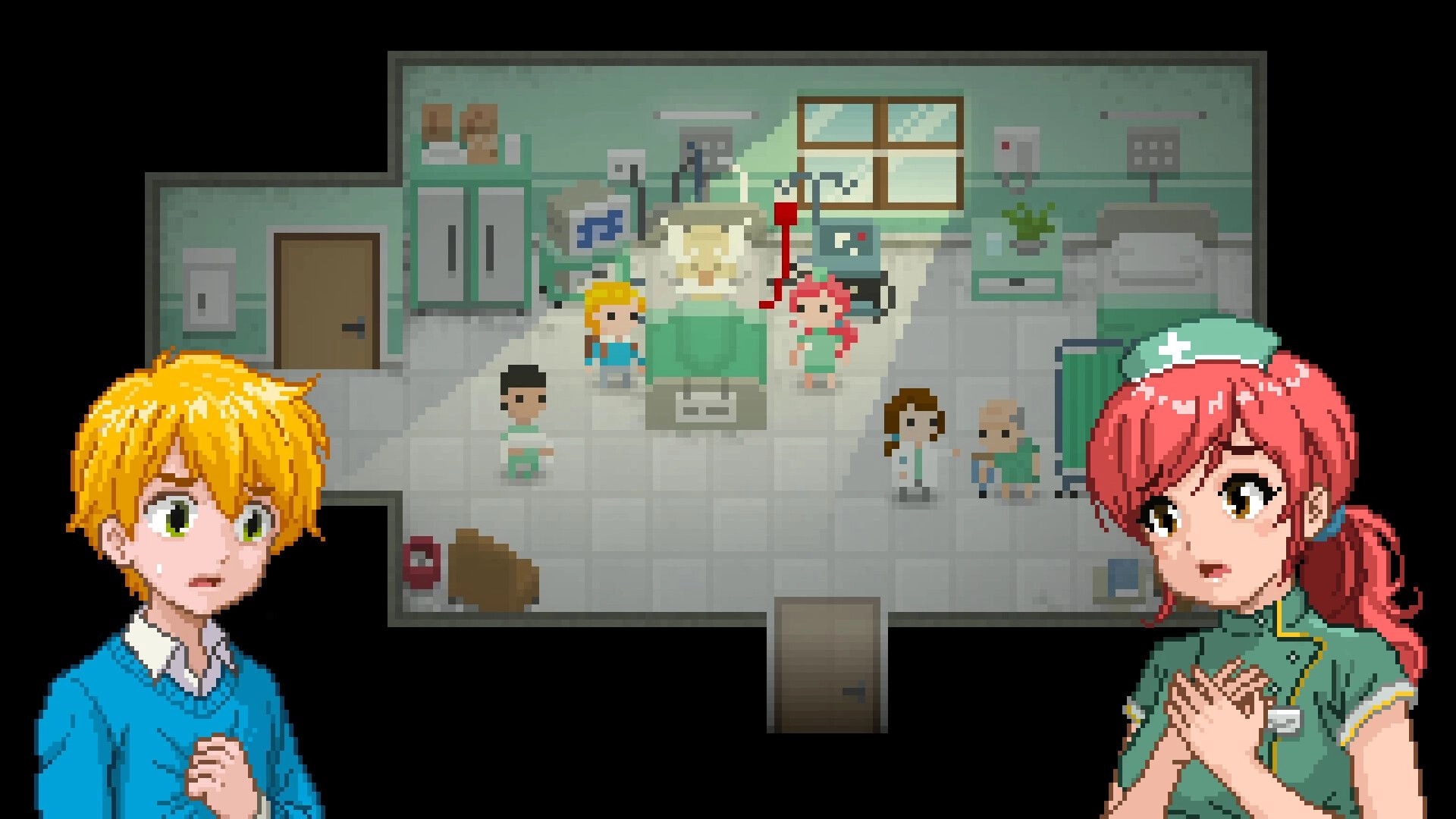 Catechesis: Pixel hospital room scene with patients and staff, anime portraits of two teens in corners.