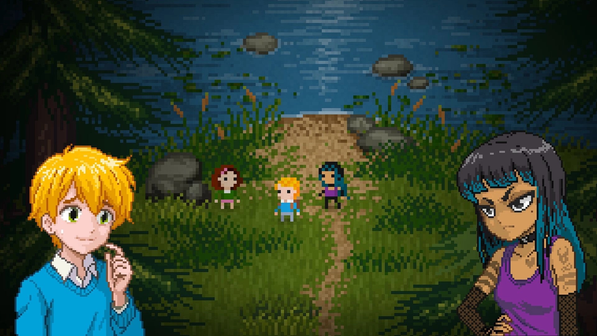 Catechesis: Party stands on a lakeside path with dialogue portraits framing the pixel-art scene.