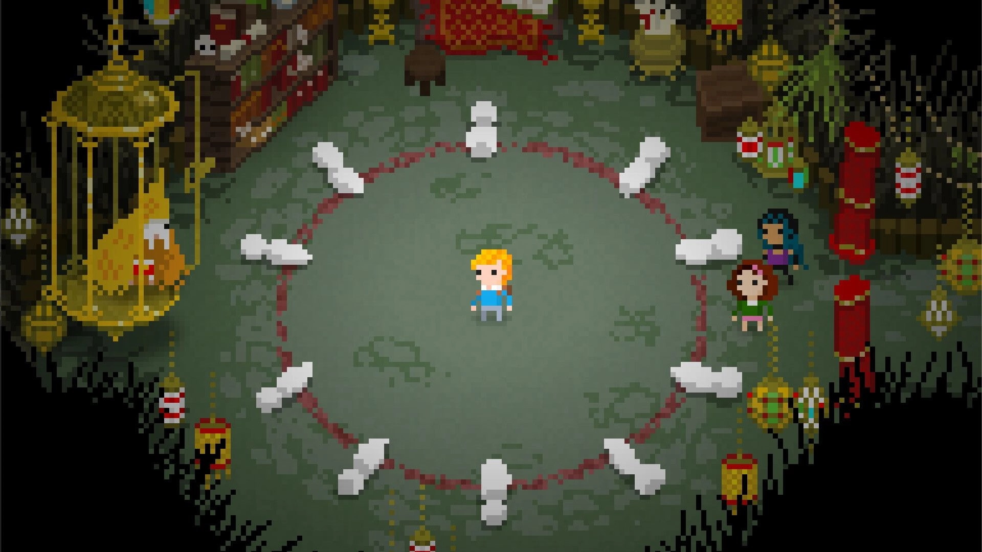 Catechesis: Pixel party stands in a ritual circle with white candles inside a cluttered shrine room.