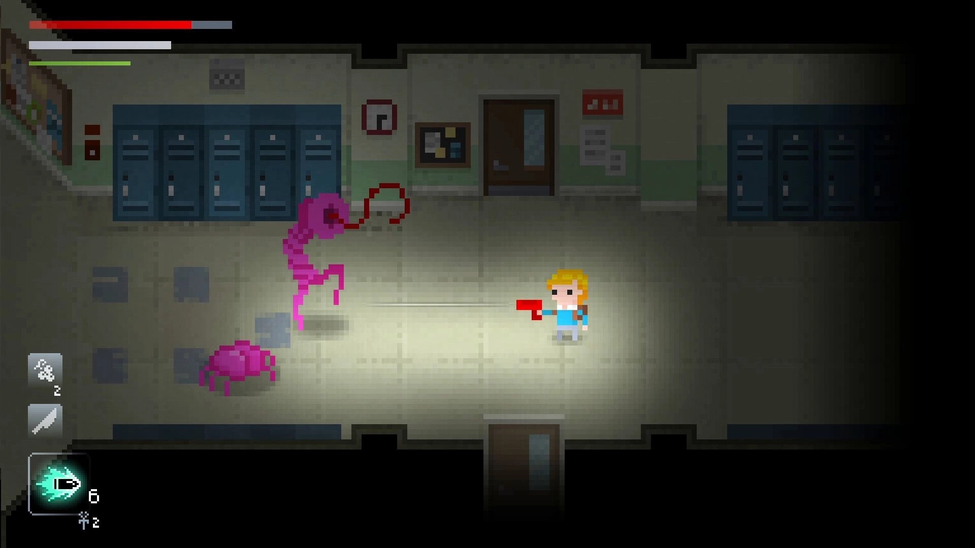 Catechesis: Player aims red pistol at pink tentacled monster in school hallway with lockers and HUD.