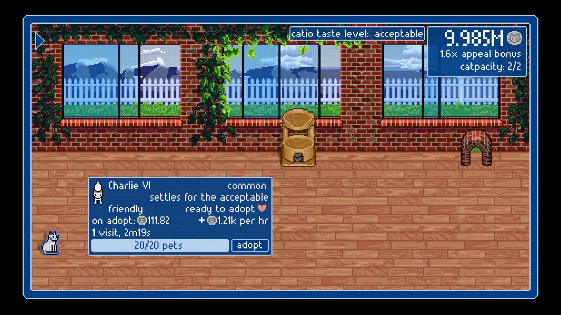 Catio Simulator: Charlie VI's adoption info with catio view, decor stats, and currency details visible.
