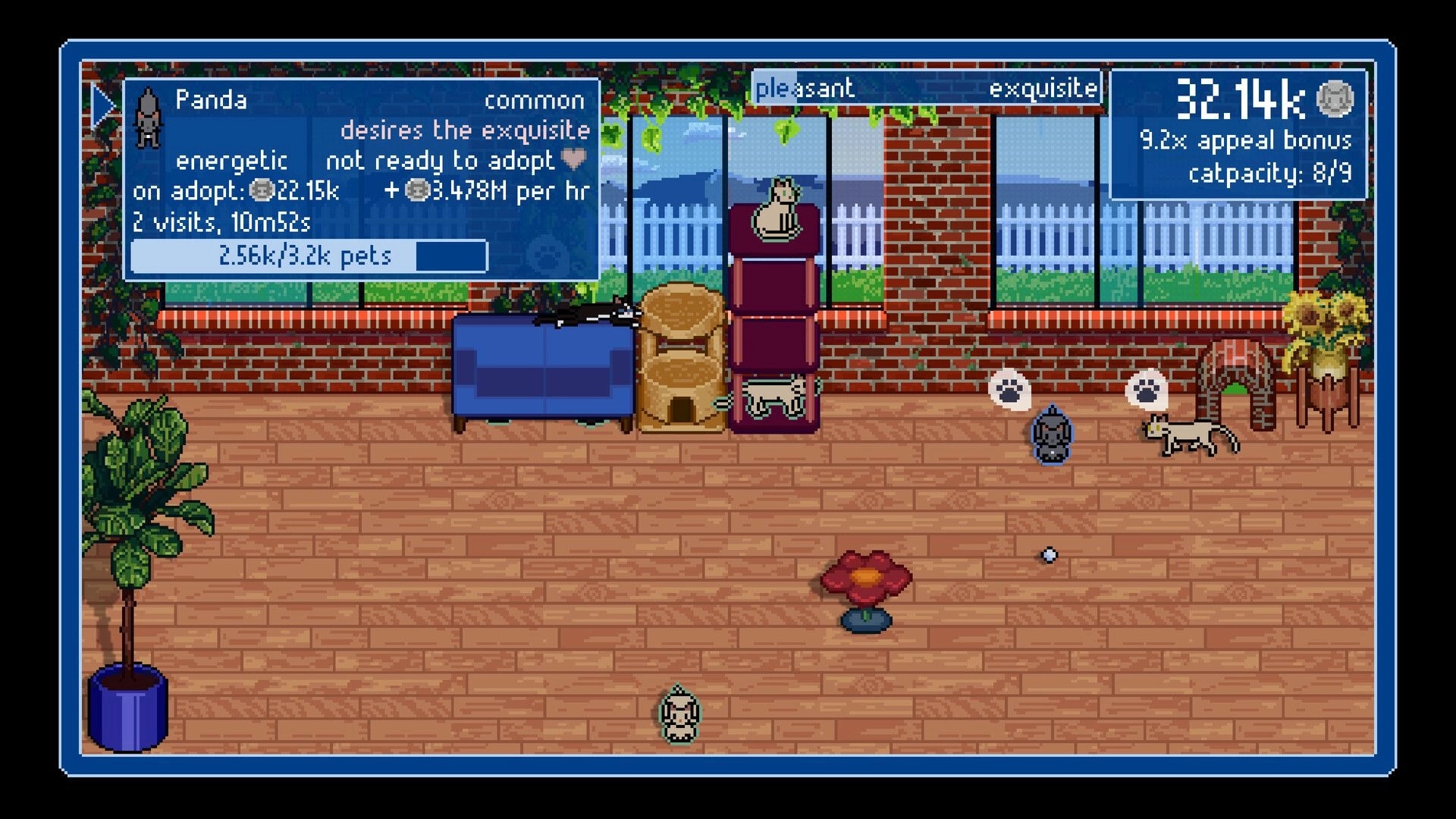 Catio Simulator: Cats lounging in a decorated catio with adoption stats and appeal bonus displayed