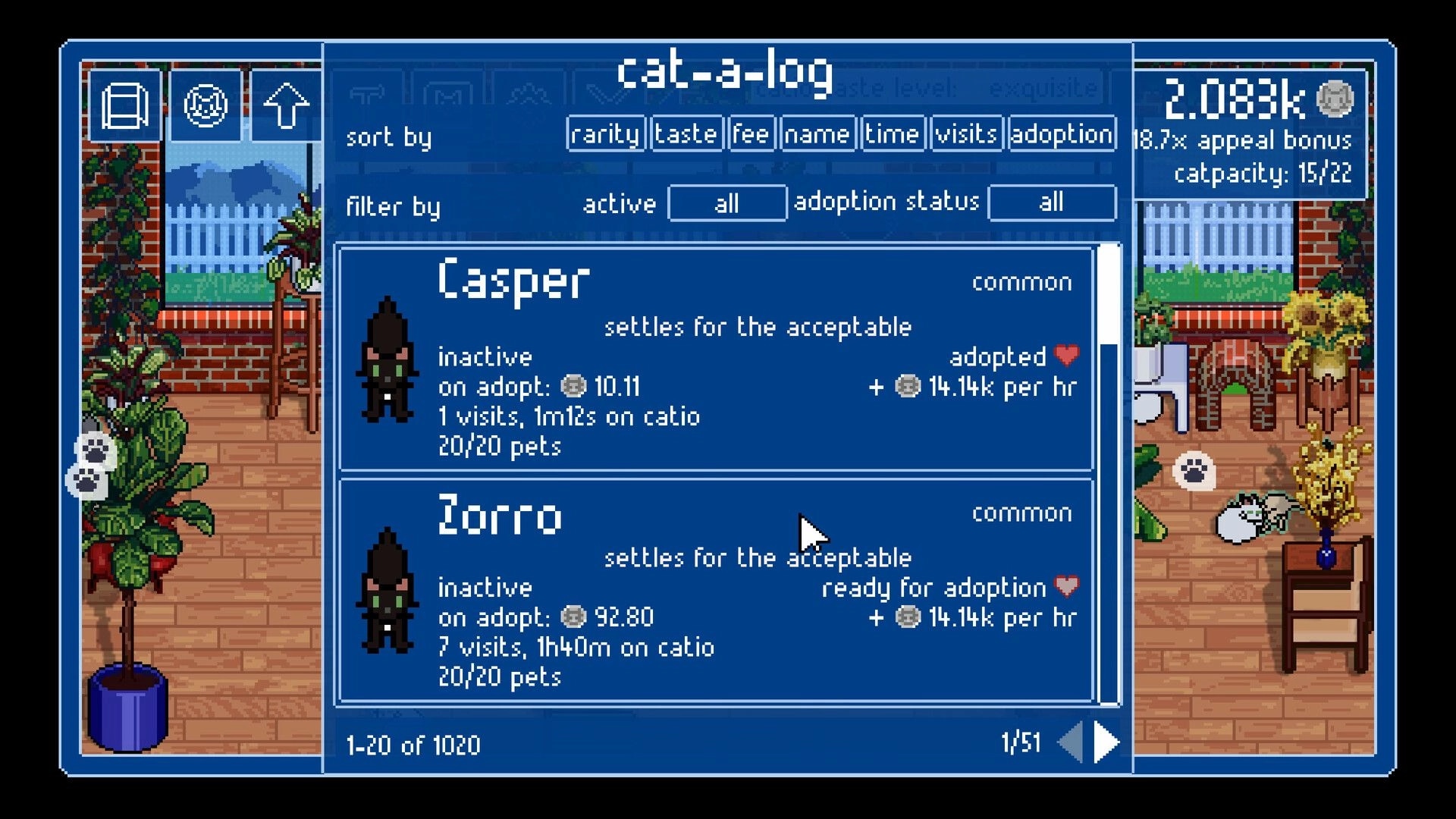 Catio Simulator: Cat-a-log screen showing Casper and Zorro's adoption status in a cozy catio setting.