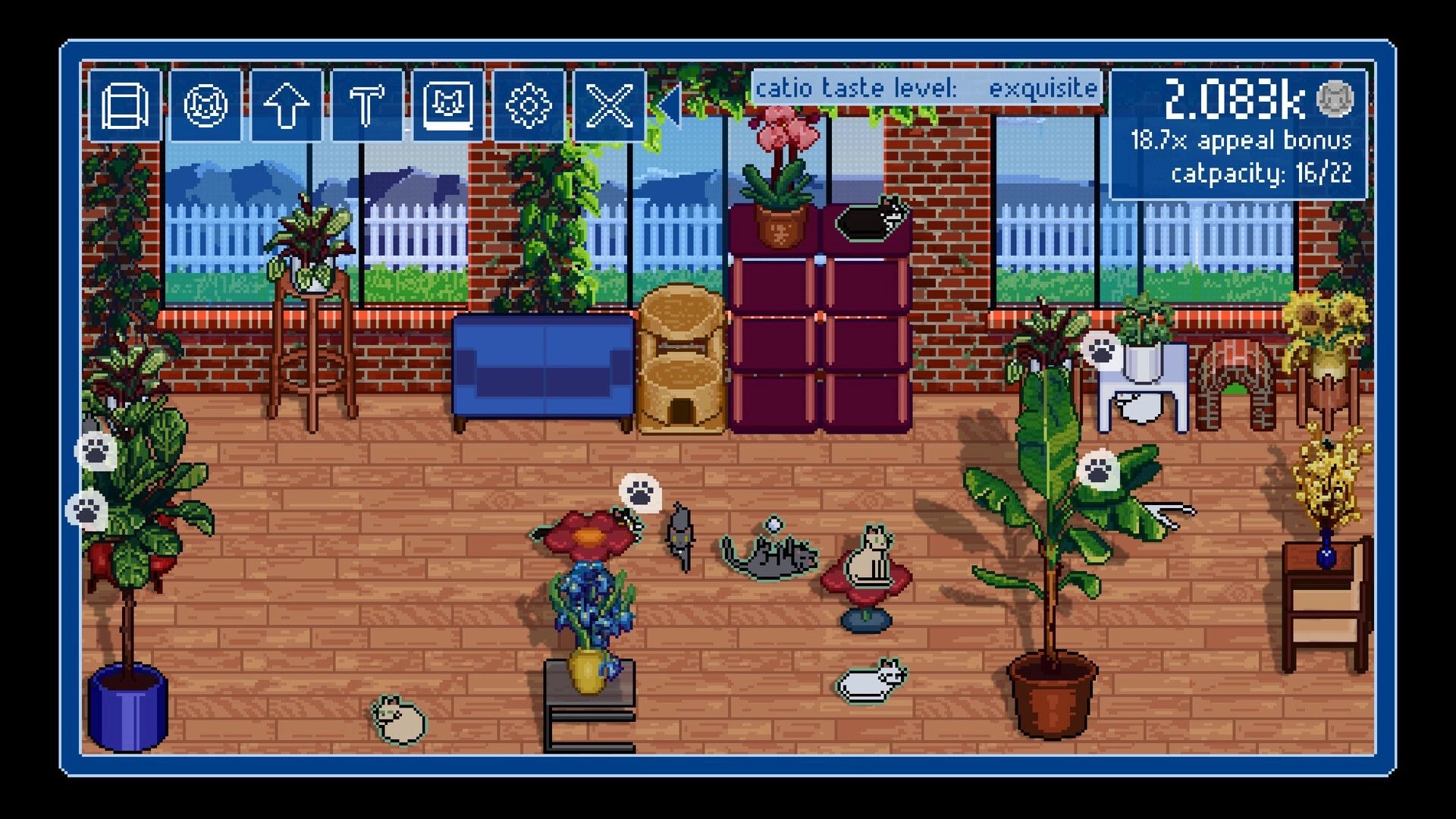 Catio Simulator: Cats lounging in a cozy, plant-filled room with furniture and interactive UI elements