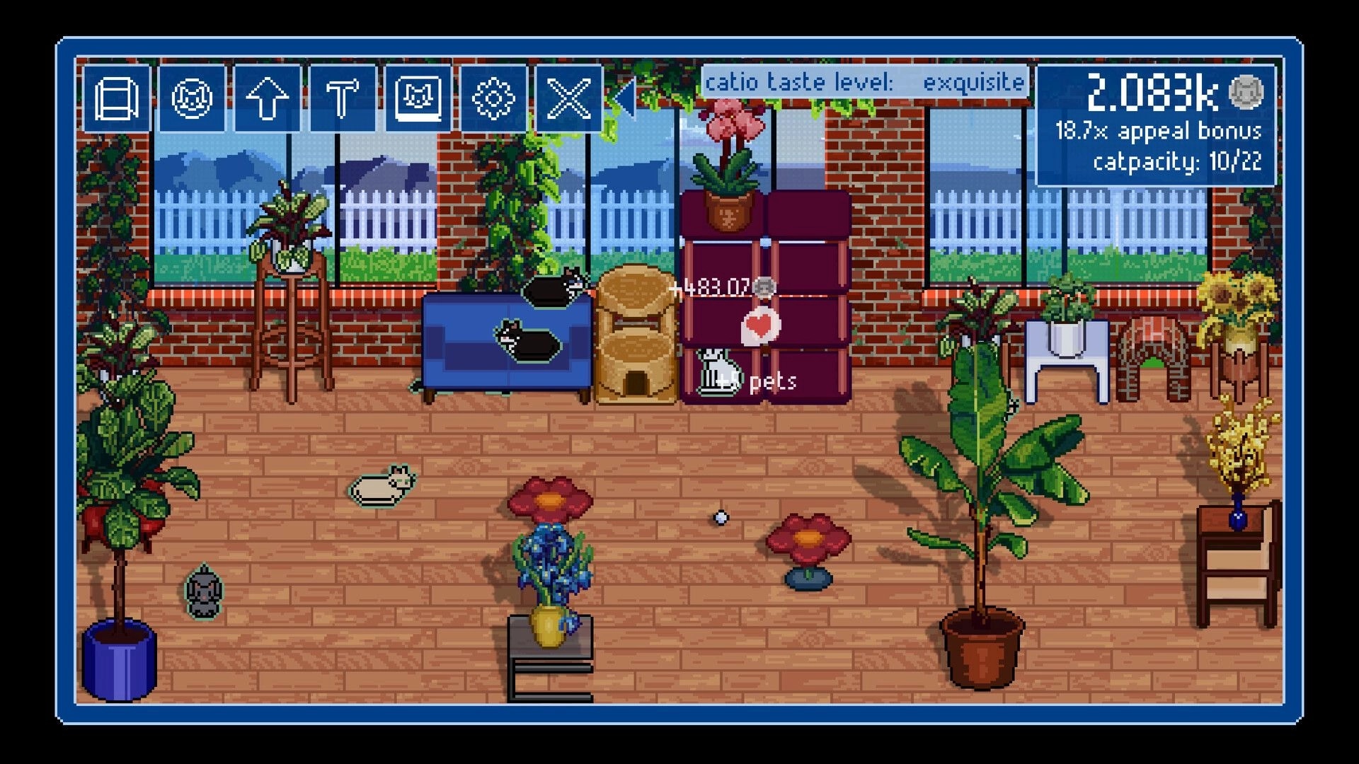 Catio Simulator: Cats lounging in a decorated catio with plants, sofas, and adoption interface visible