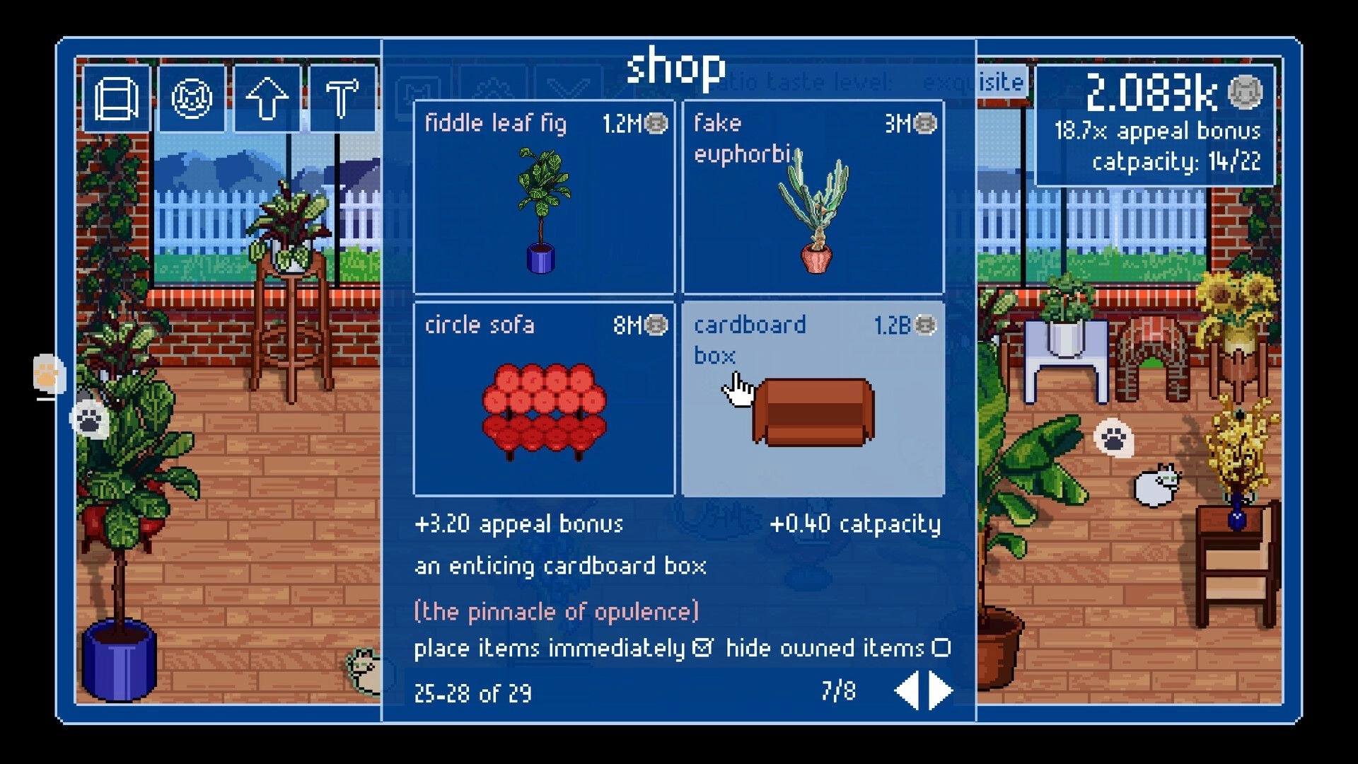 Catio Simulator: Shop interface with plant and furniture options in a cozy catio setting