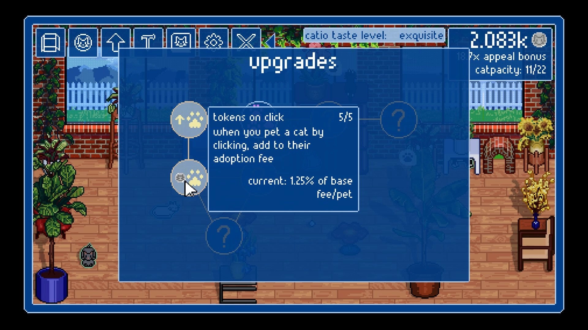 Catio Simulator: Upgrade menu with tokens on click feature in a cozy catio environment with plants.