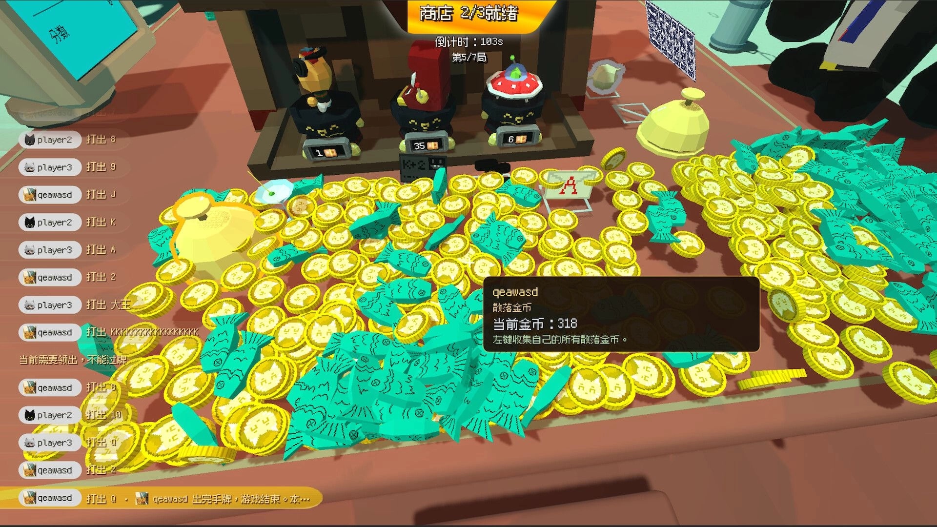 CatPoker: Shop phase with items priced in coins over a table piled with gold and cash UI overlay.
