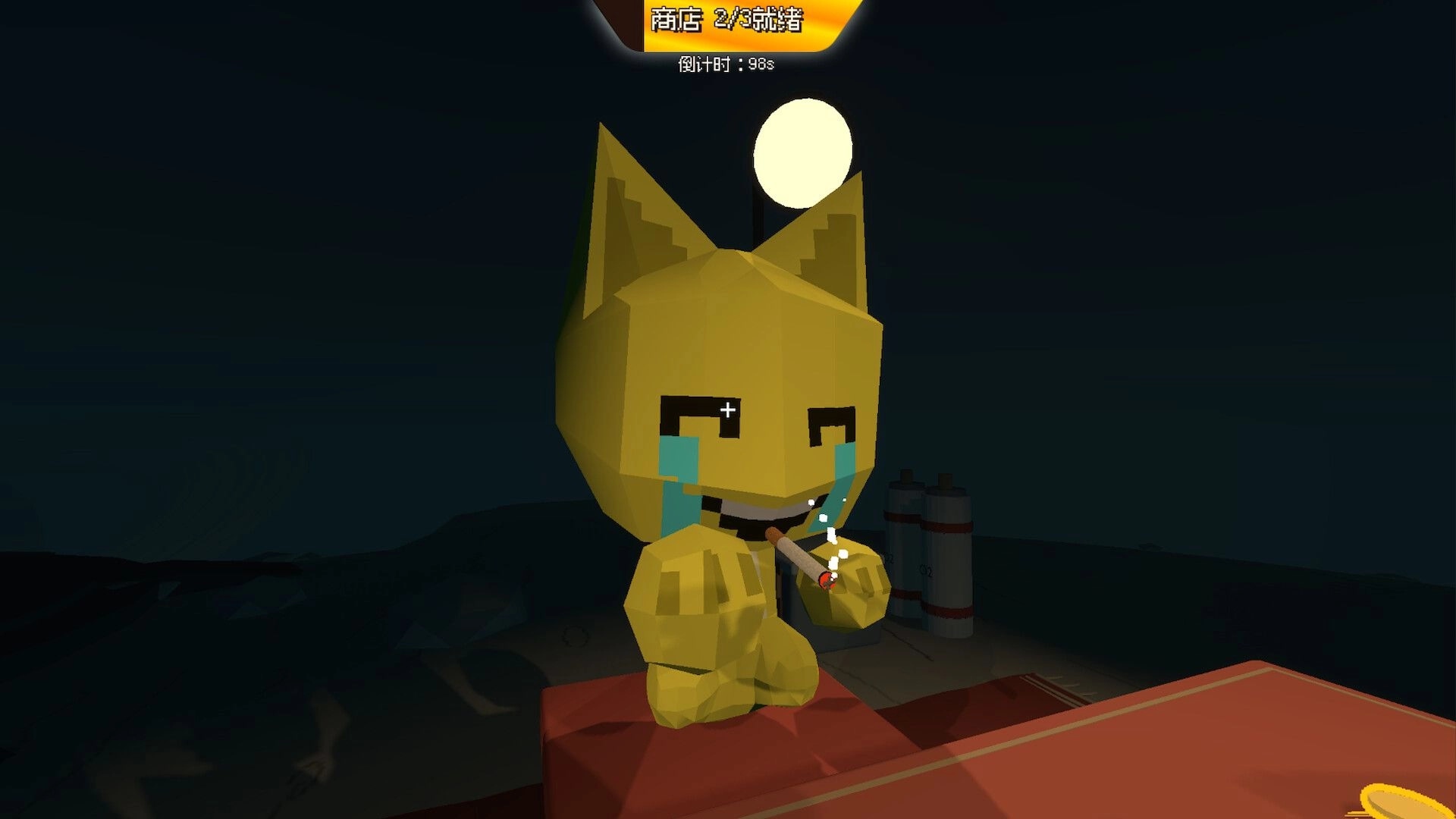 CatPoker: Yellow cat avatar smoking at a table in a dark shop room with countdown timer UI visible.