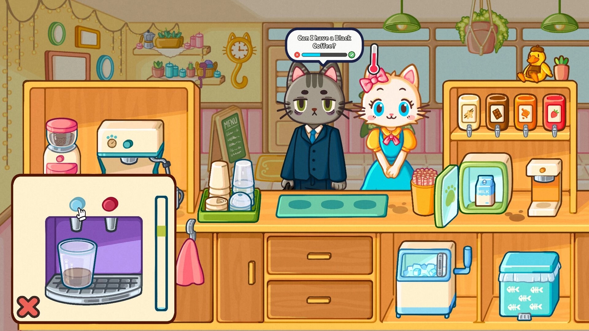 Cats & Cups: Barista prepares coffee; two cats at counter in a cozy, colorful cat-themed café.
