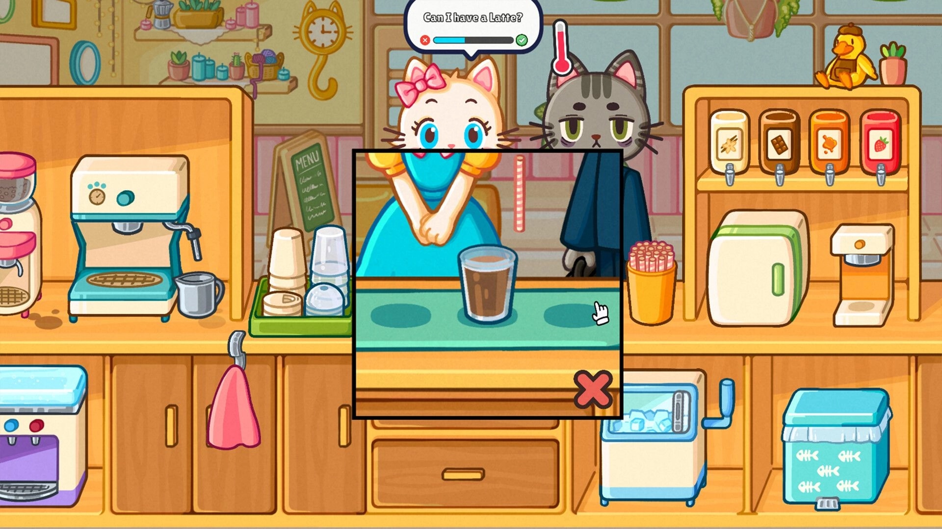 Cats & Cups: Barista cat prepares a latte for a customer in a cozy, colorful coffee shop setting.