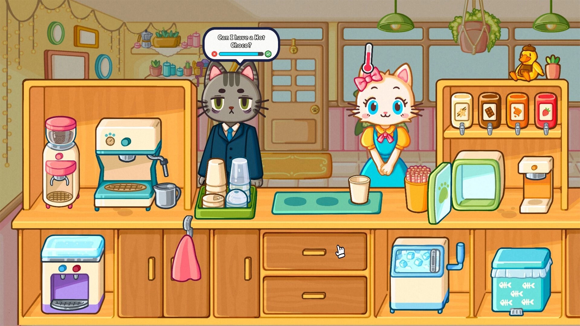 Cats & Cups: Cat barista and customer at coffee counter, brewing area with ingredients and machines