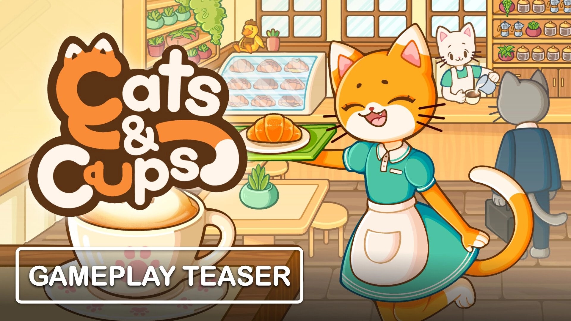 Cats & Cups: Orange cat waitress serves pastry in cozy coffee shop with cat customers at counter.