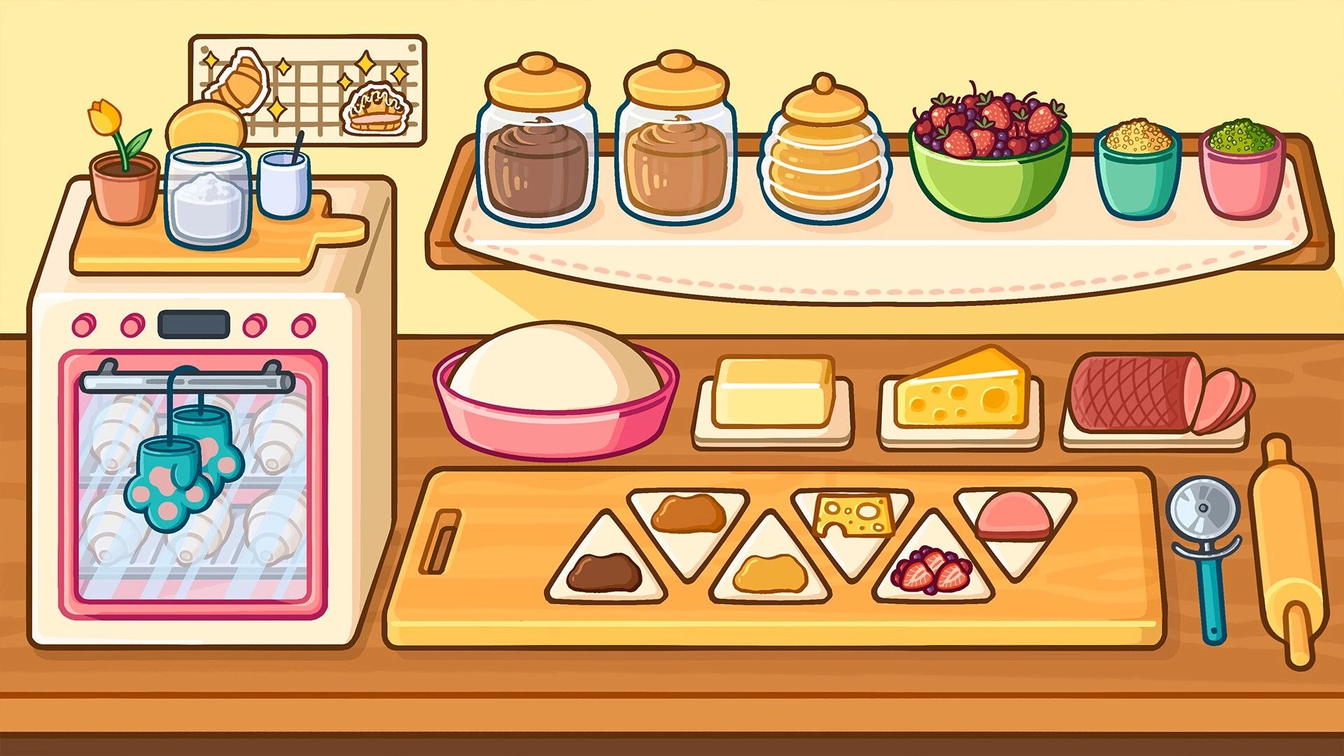 Cats & Cups: Cozy kitchen with ingredients, dough, and cat paw mugs in a pastry preparation scene