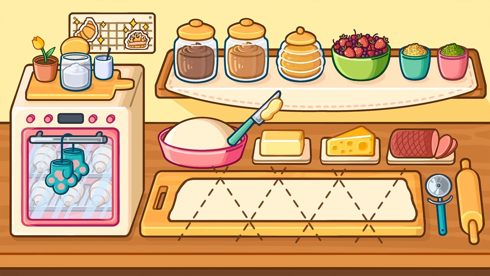 Cats & Cups: Baking station with dough, cheese, rolling pin, and colorful jars in cozy kitchen setup