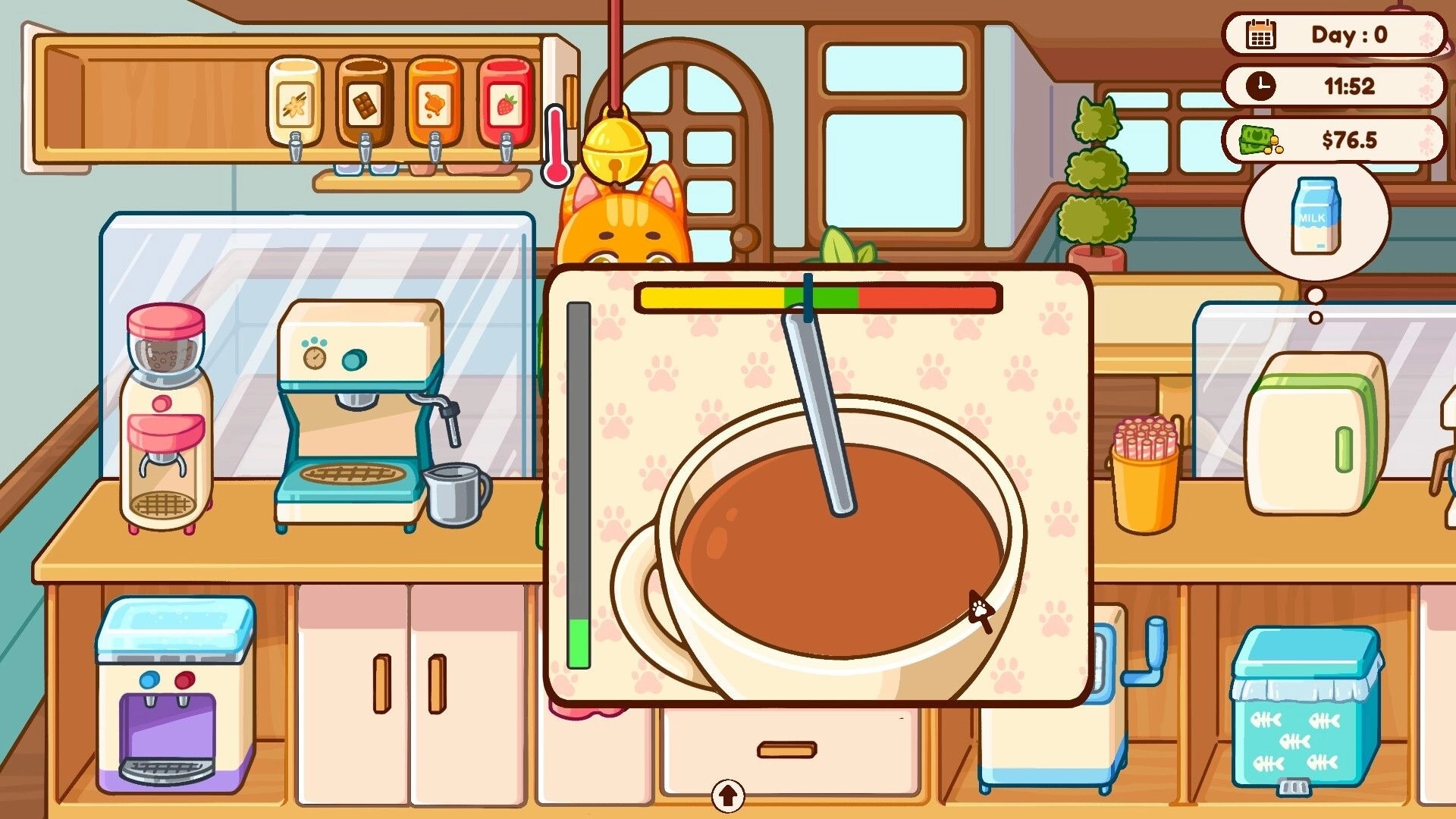 Cats & Cups: Brewing mini-game with progress bar, cat barista, and kitchen setting in cozy cafe.