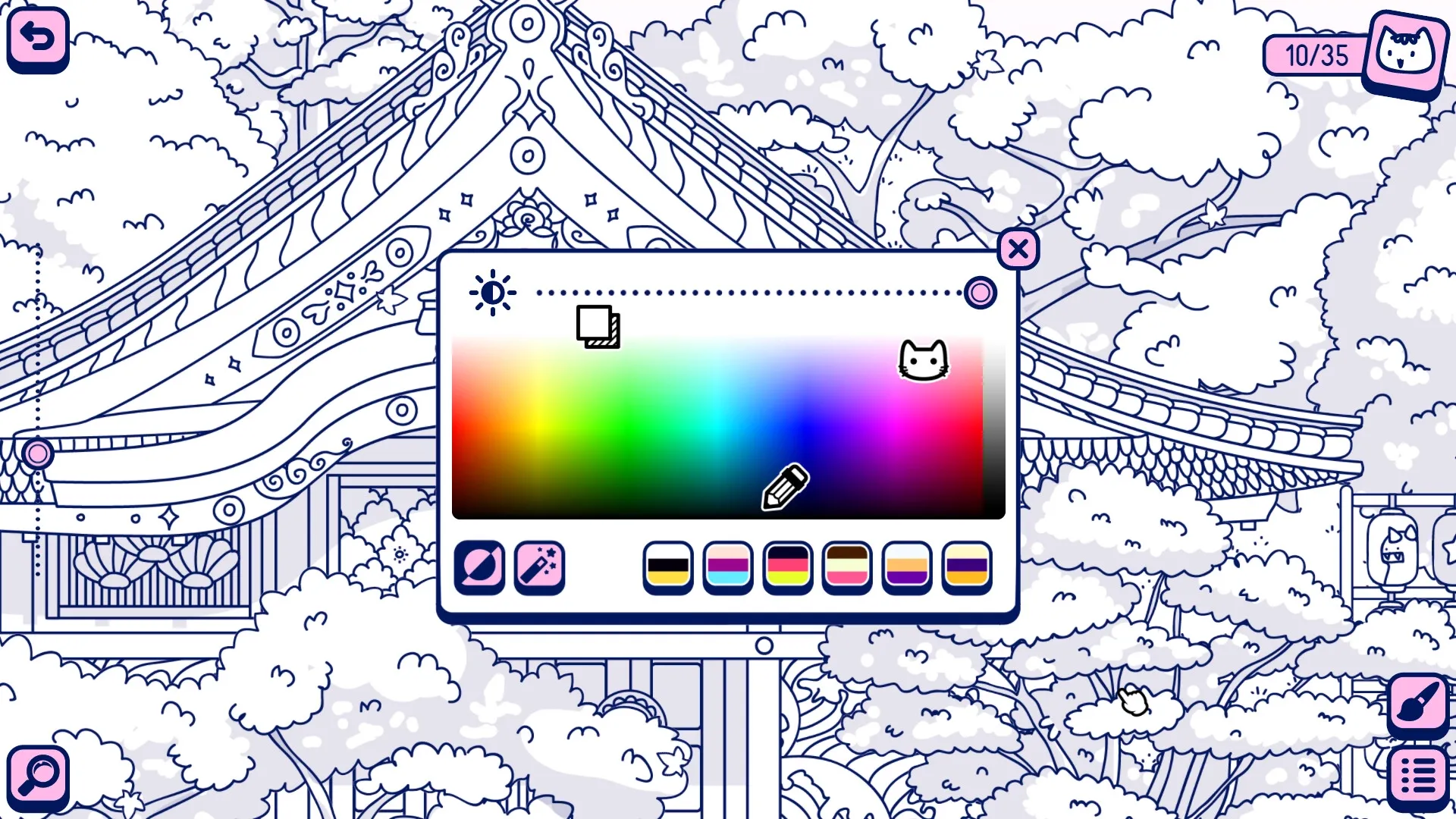 Cats and Seek: Color palette and menu overlay on intricate Tokyo temple background with hidden cats.