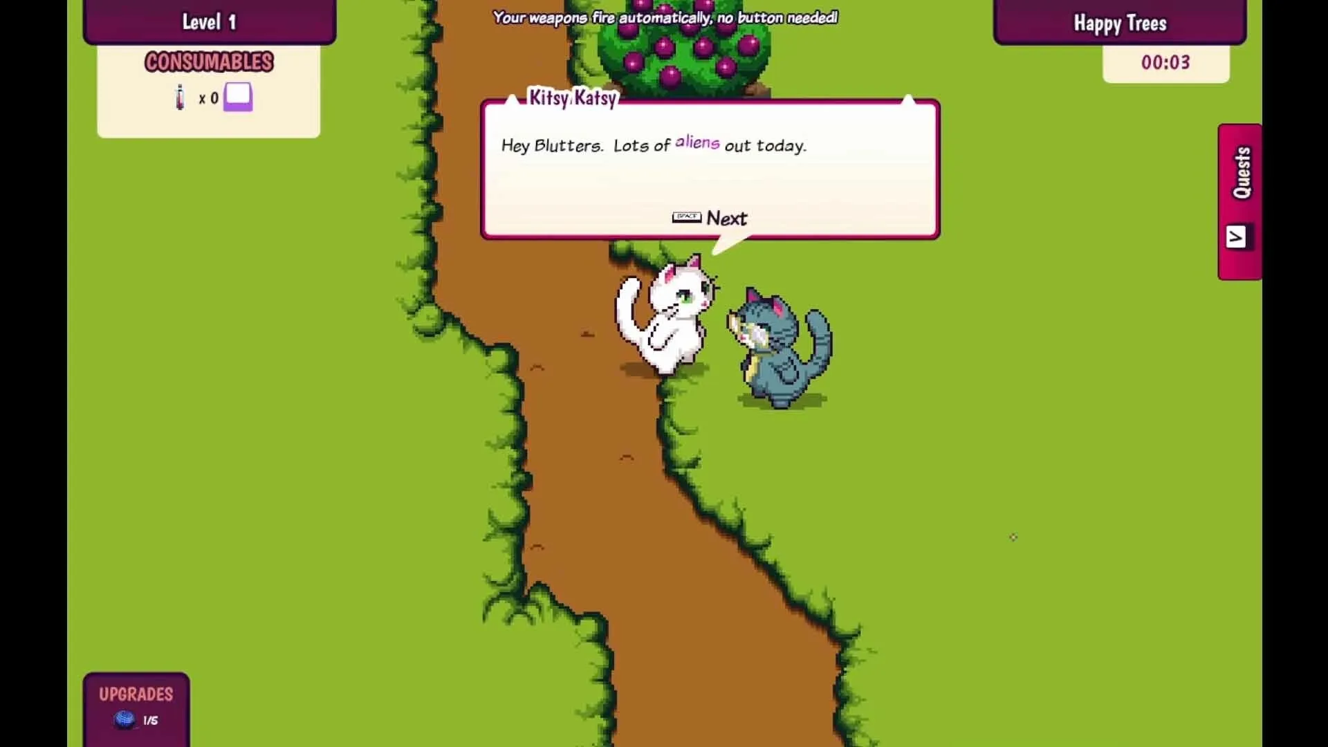 Cats vs. Aliens: Kitsy and Blutters chat on a path, surrounded by UI with quests and upgrades options.