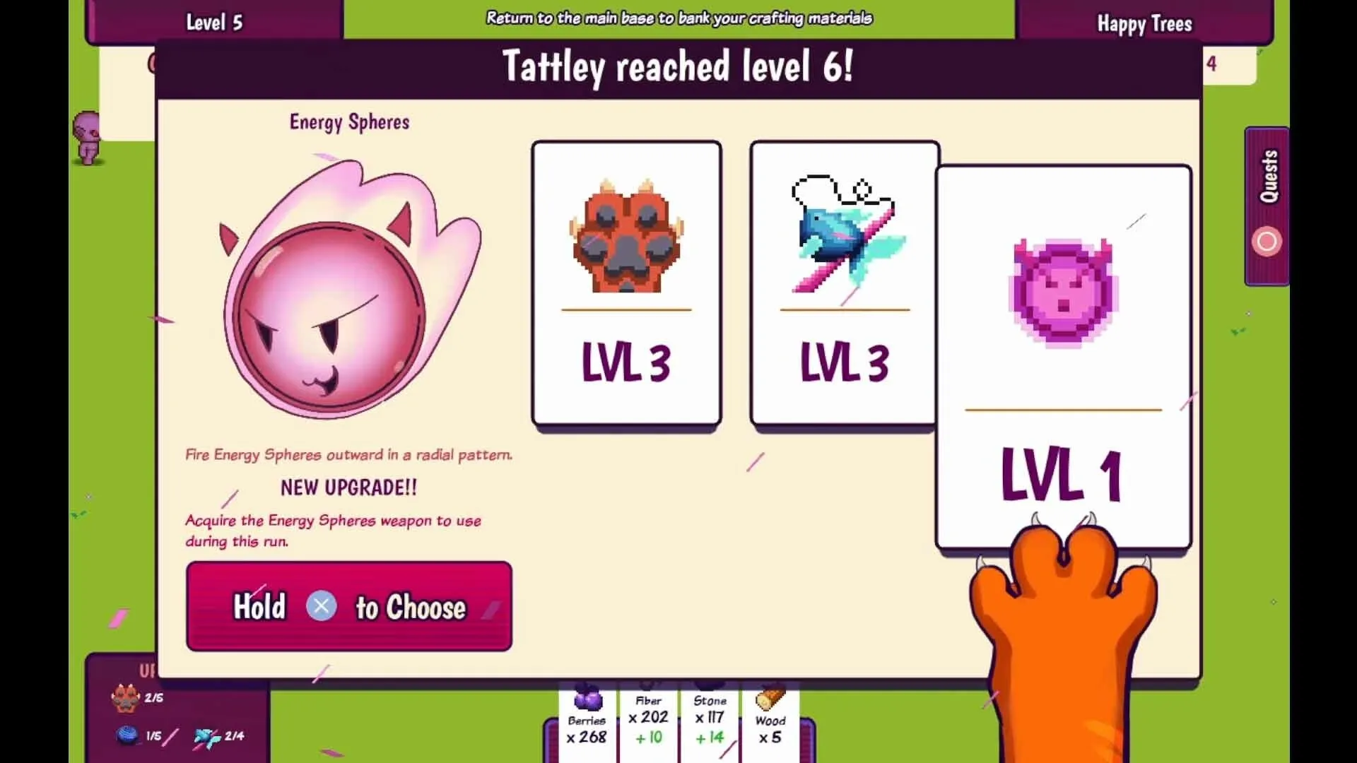 Cats vs. Aliens: Upgrade selection screen with Energy Spheres and level options in a vibrant menu.