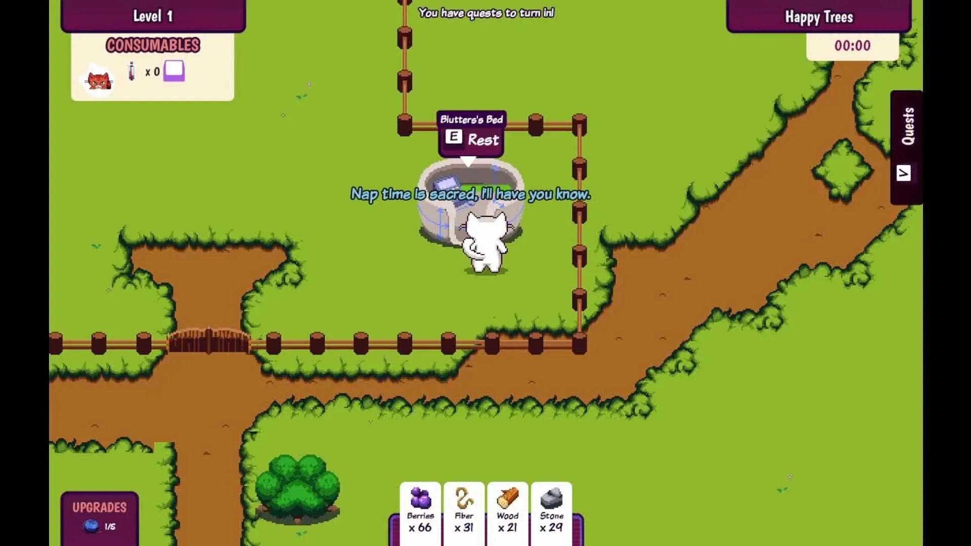 Cats vs. Aliens: Cat character resting at Blutter's Bed with resource icons in grassy area.