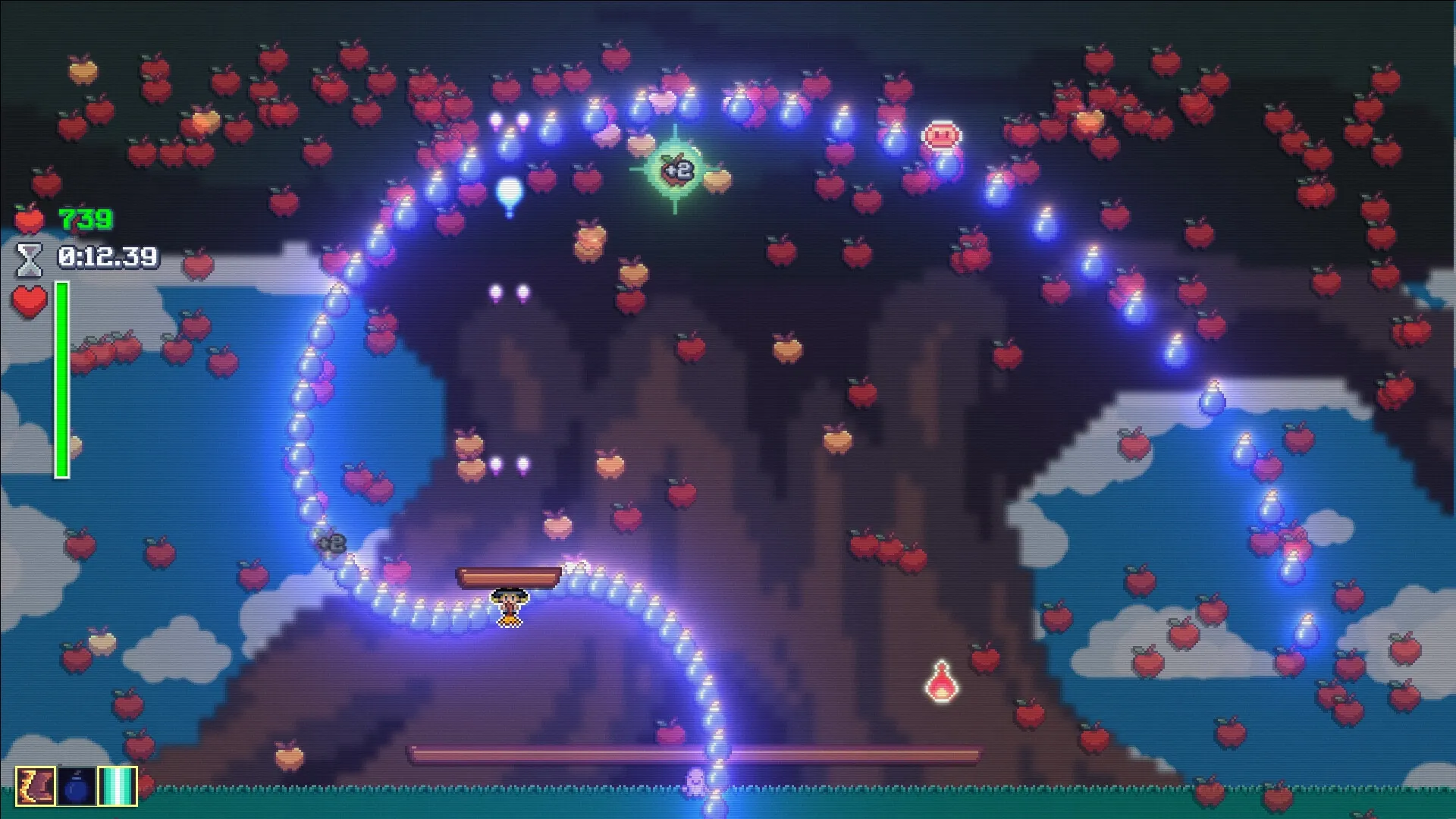 Cauldron: Character dodging apples and collecting power-ups in a pixelated mountain landscape