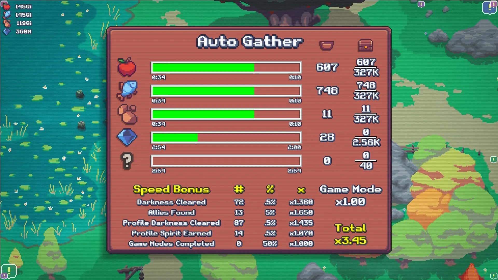 Cauldron: Auto gather menu with resource icons and progress bars overlaid on a colorful forest backdrop.