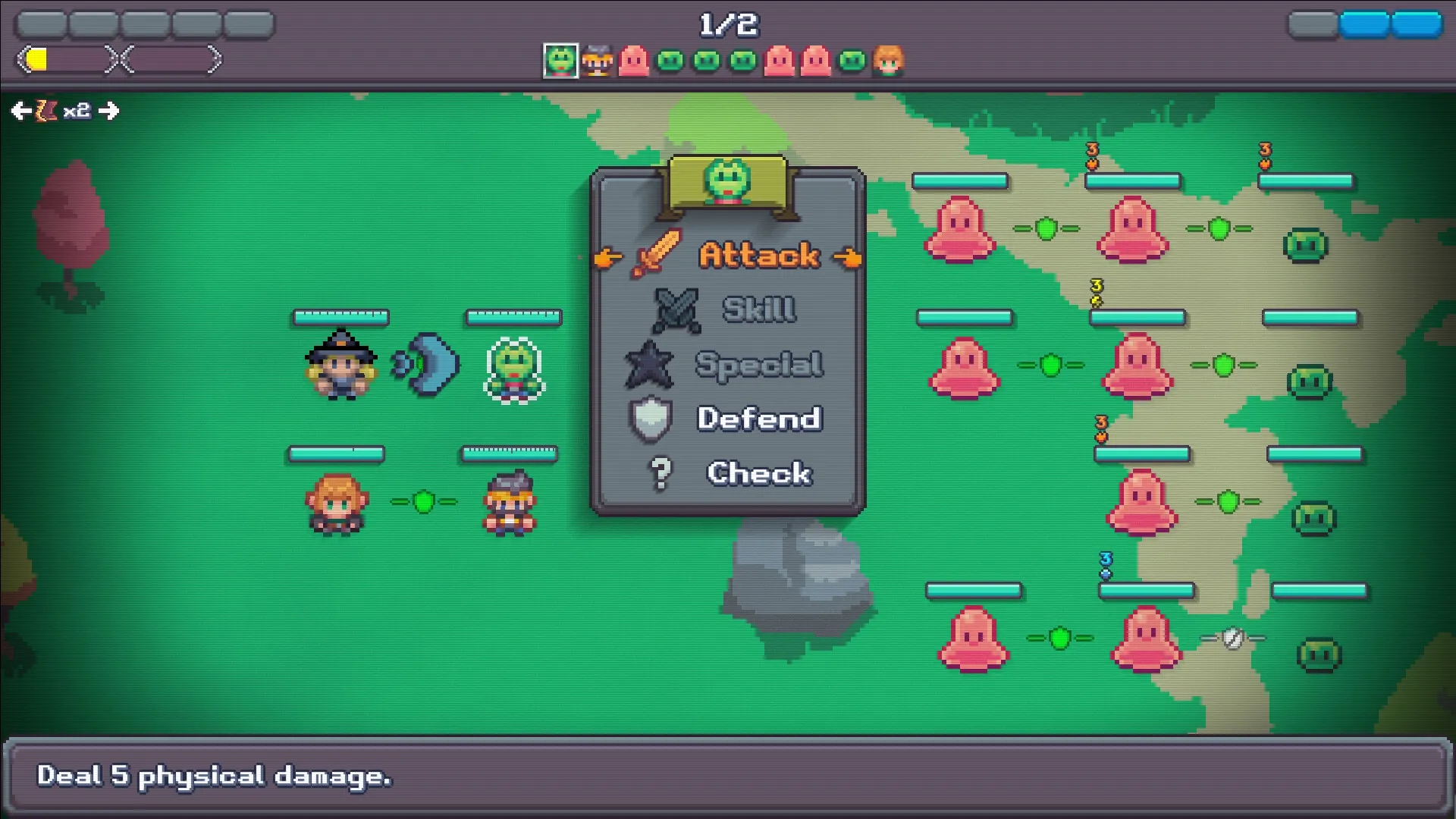 Cauldron: Turn-based battle screen with attack menu, three heroes, and multiple pink slime enemies