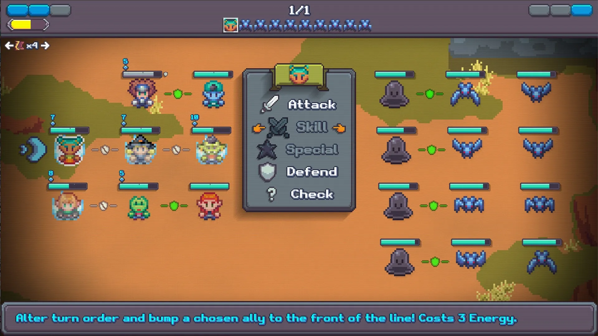 Cauldron: Turn-based battle screen with character and enemy positions, action menu, and health bars.