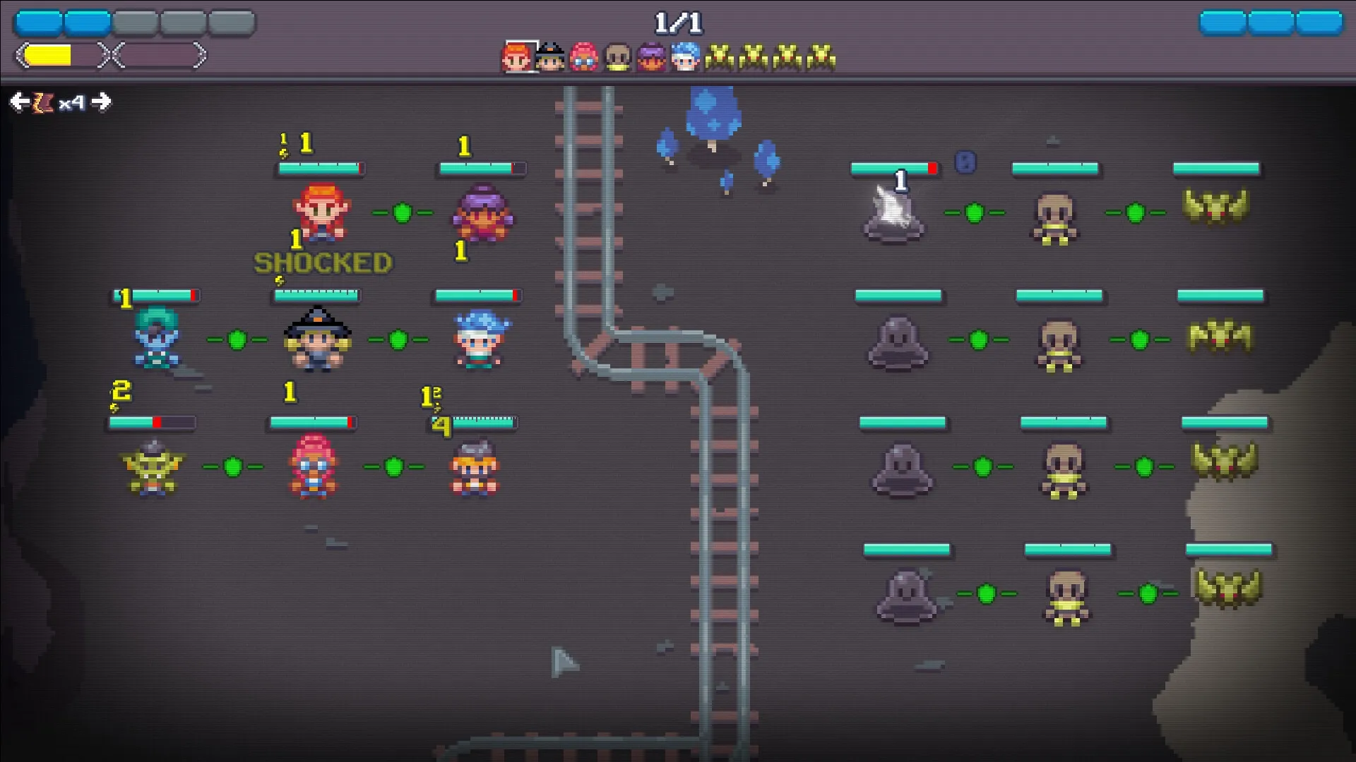 Cauldron: Turn-based battle with six heroes facing enemies on a grid with mine tracks in a cave.