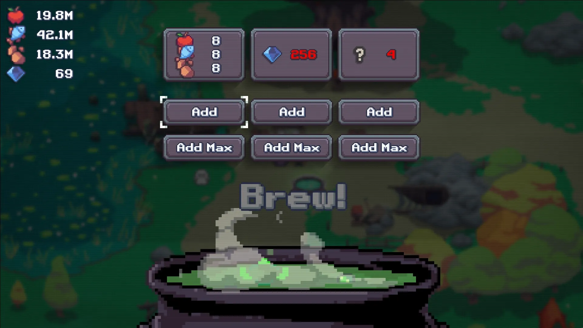 Cauldron: Brewing menu with resource counters and add buttons in a forest setting