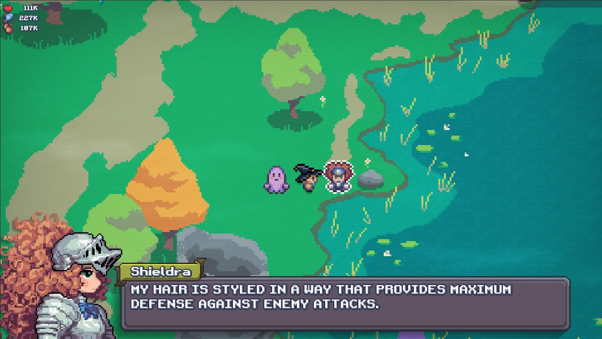 Cauldron: Characters explore a colorful landscape with dialogue box showing Shieldra's humorous remark.