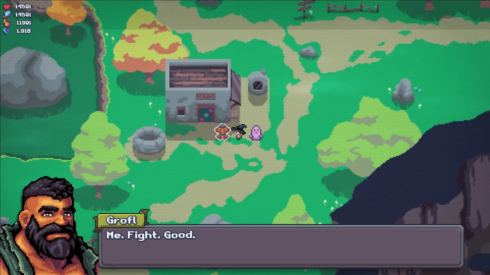 Cauldron: Grofl dialogue with party outside cottage in lush forest clearing environment