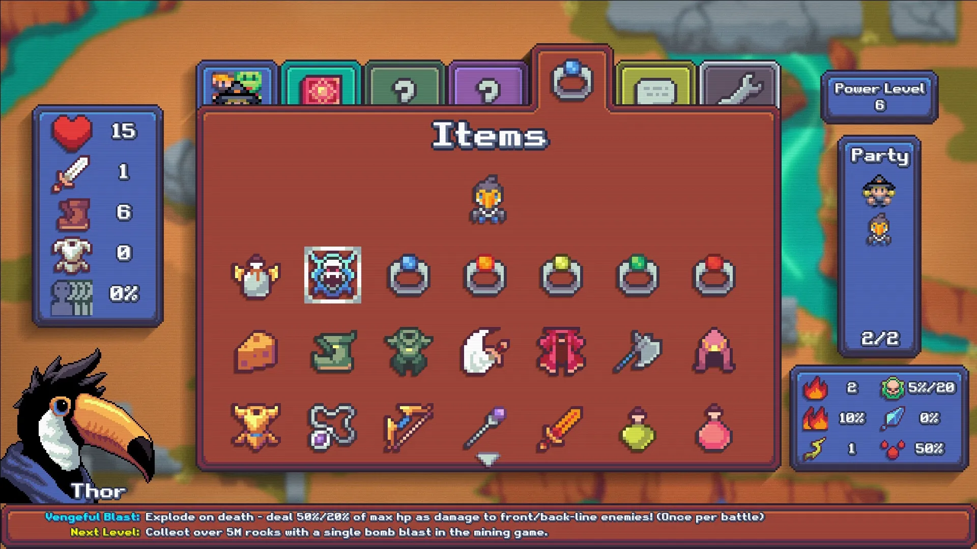 Cauldron: Inventory menu with various items, character stats, and party details in a colorful interface.