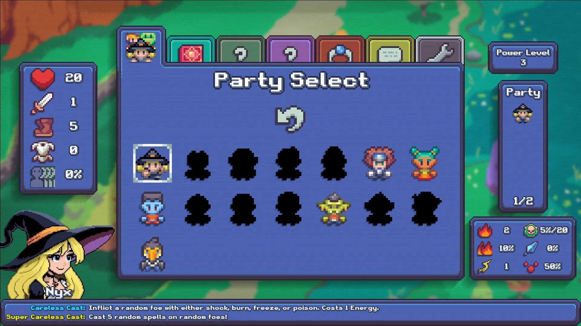 Cauldron: Party selection screen with character stats and abilities displayed against a forest backdrop