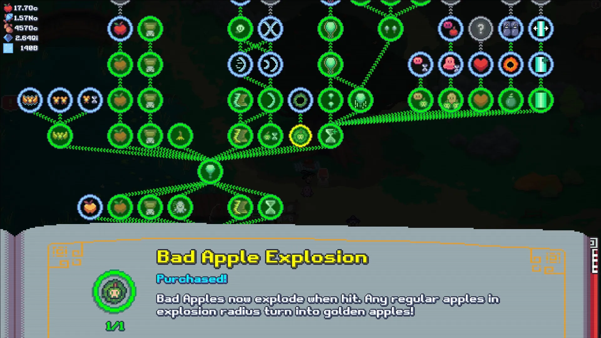 Cauldron: Skill tree interface with "Bad Apple Explosion" upgrade purchased, showing connected nodes.