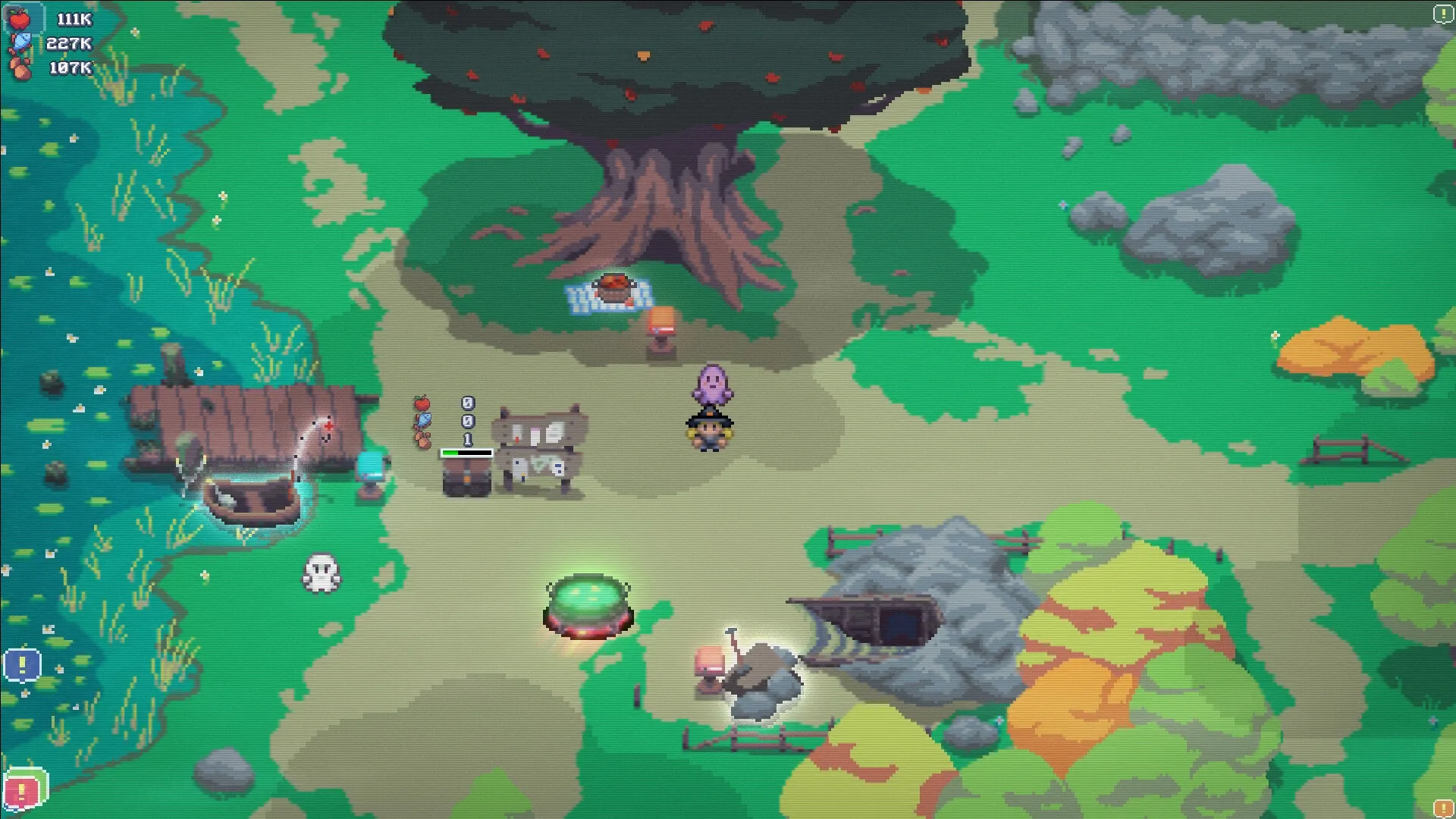 Cauldron: Player character and companion explore forest clearing with large tree and various structures.