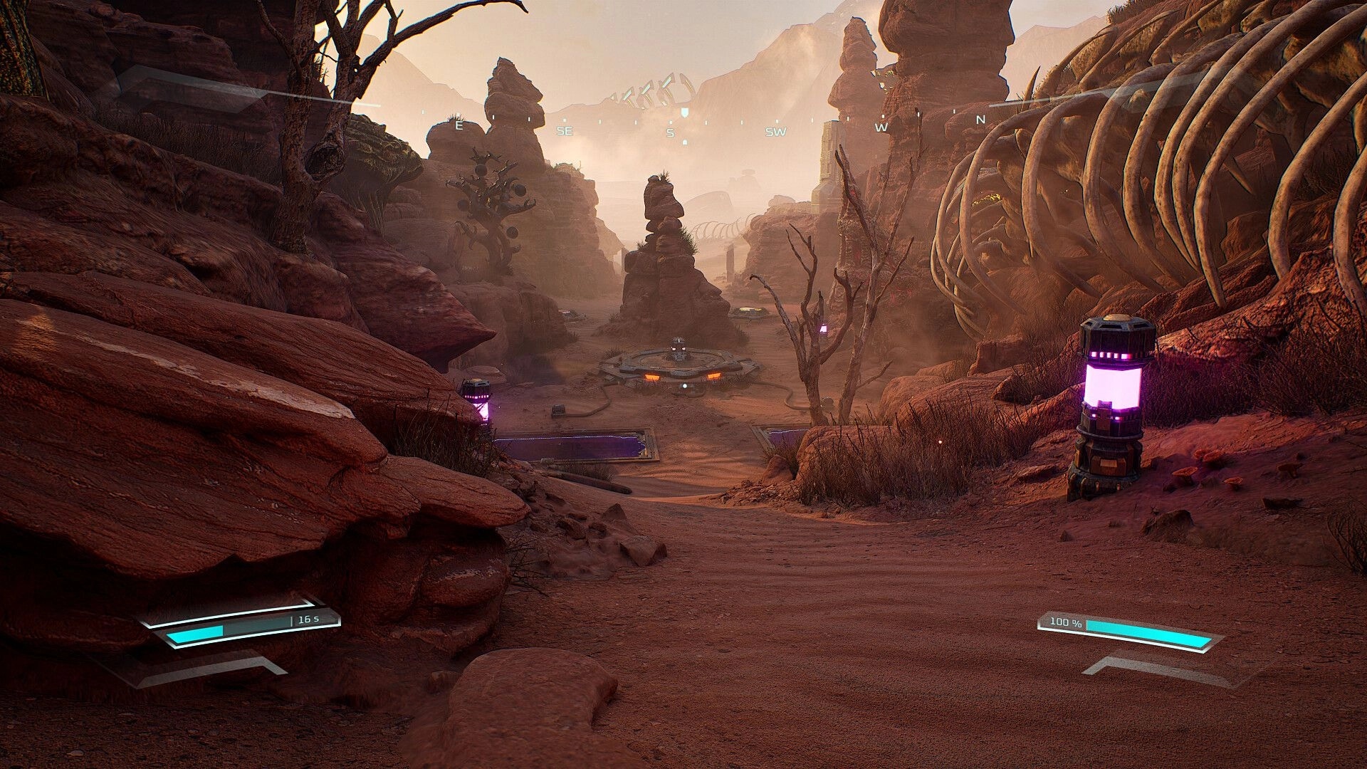 Causal Loop: Desert canyon with glowing beacons and skeletal remains, HUD shows timers and percentages