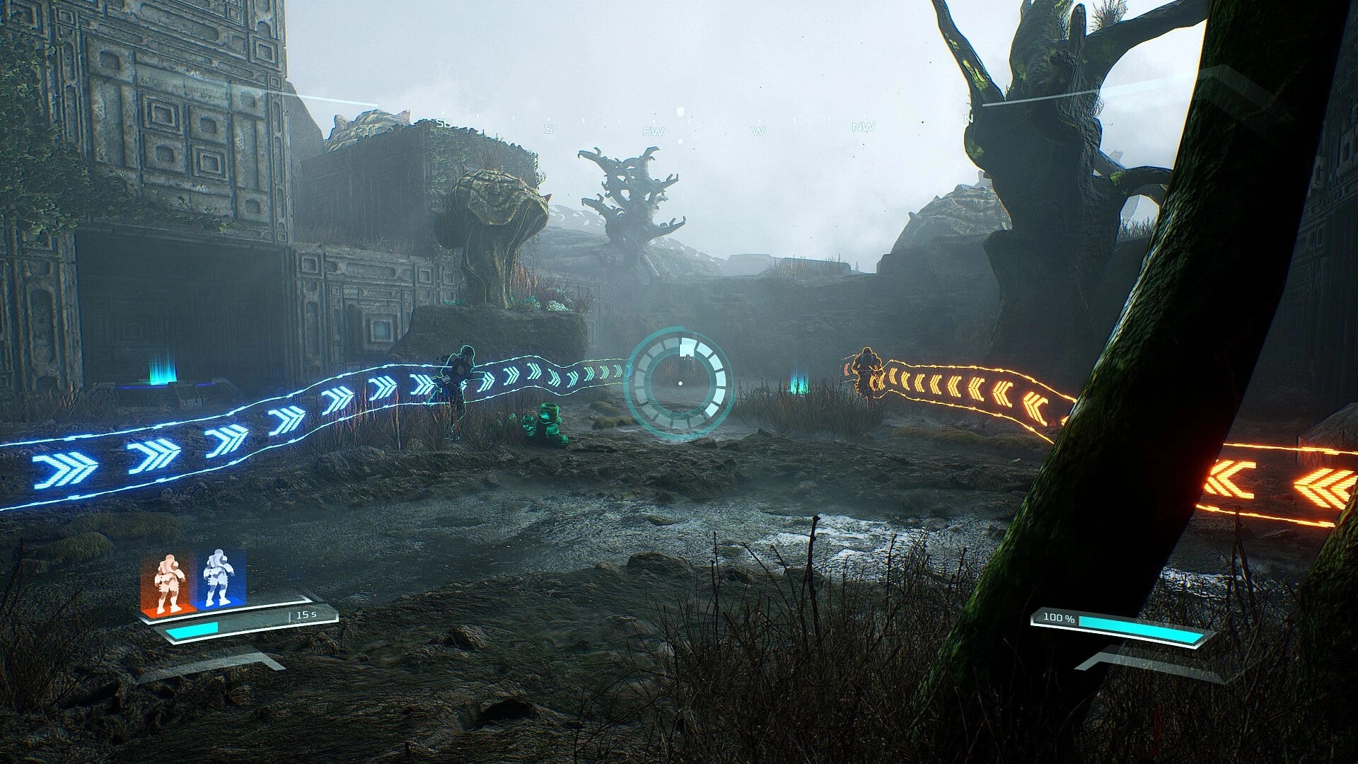 Causal Loop: Two players navigate alien terrain with glowing paths and HUD elements in a misty landscape.