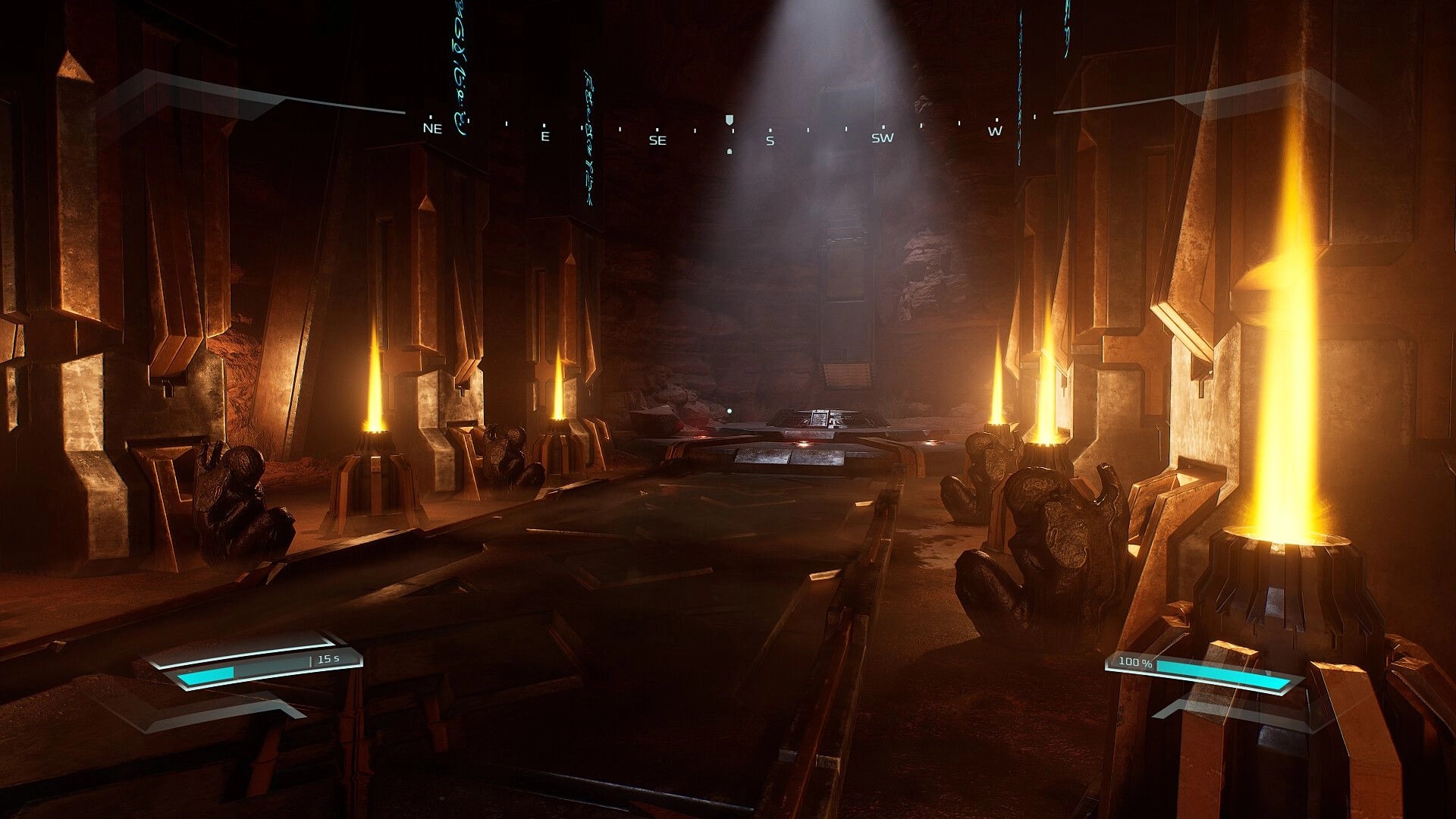 Causal Loop: Ancient alien chamber with glowing pillars and intricate stone carvings on a dimly lit path