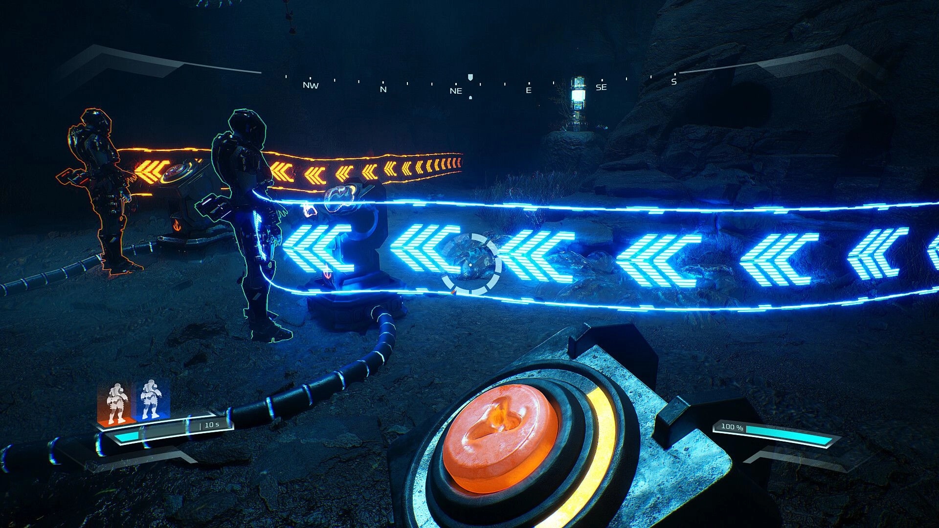 Causal Loop: Two armored figures by glowing barriers in a dark alien cave with UI elements displayed
