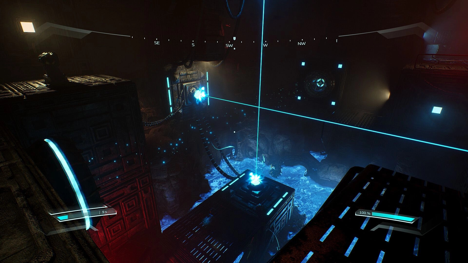Causal Loop: Navigating floating platforms in a dark, alien cavern with glowing blue energy beams.