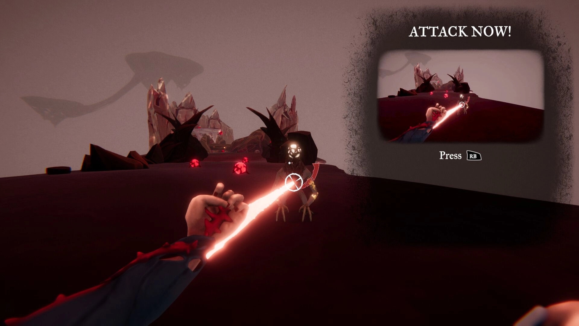 Cause to Exist: First-person attack on enemy in dark landscape with glowing red crystals and prompt显示