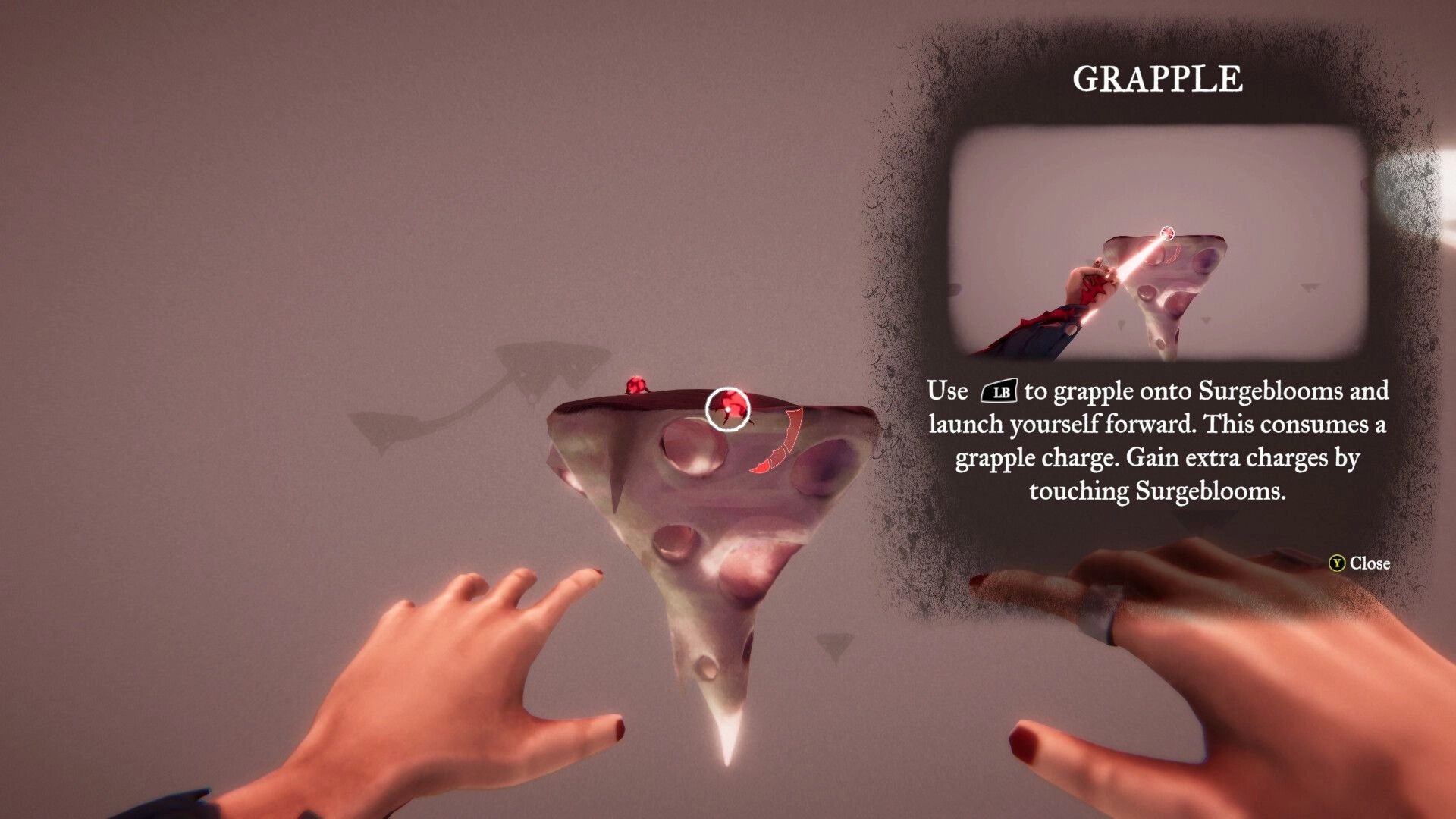 Cause to Exist: Grappling Surgeblooms in Yuno's mindscape with on-screen tutorial for movement control.