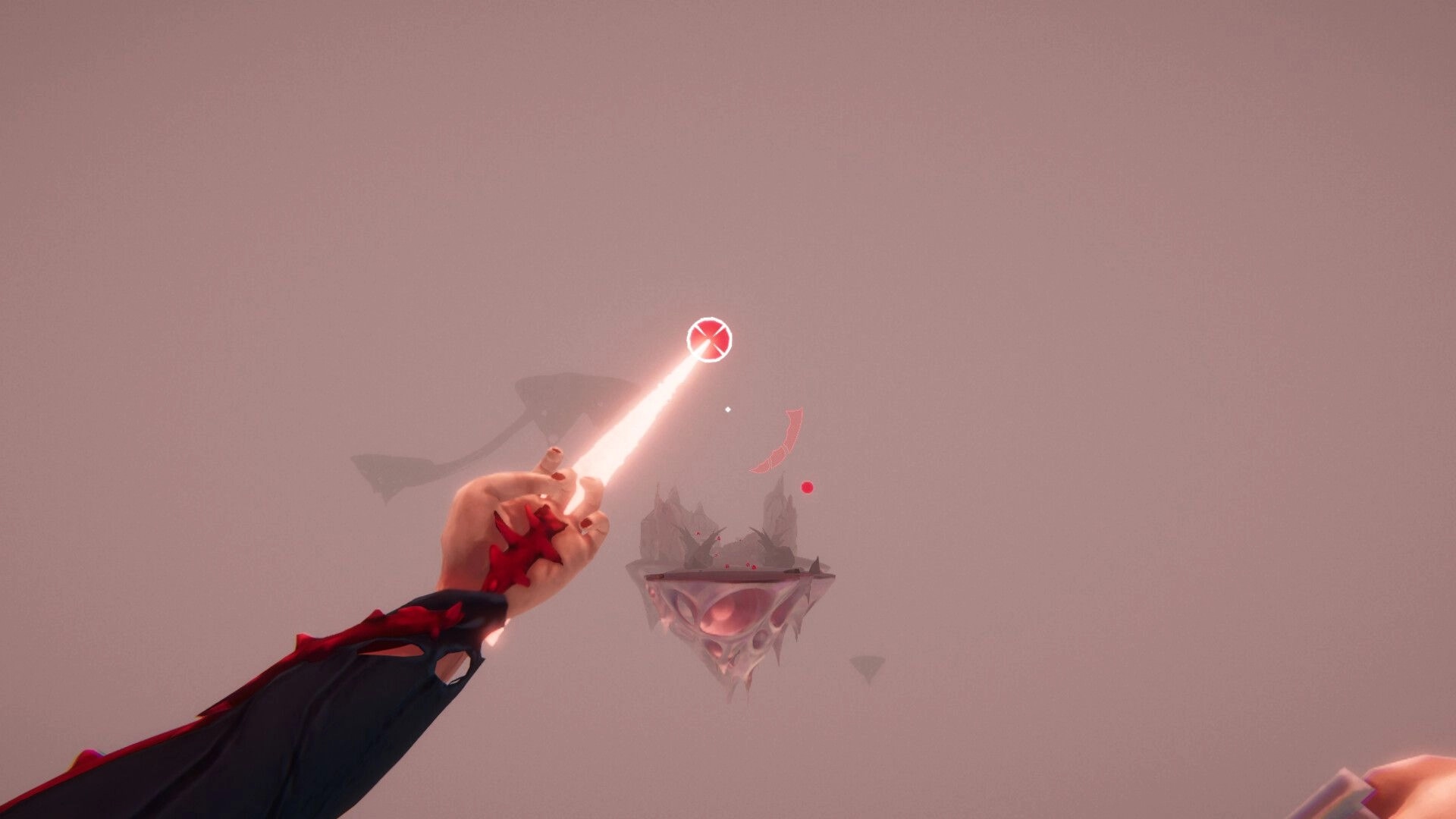 Cause to Exist: Yuno aims glowing weapon at distant floating island in foggy mindscape environment.