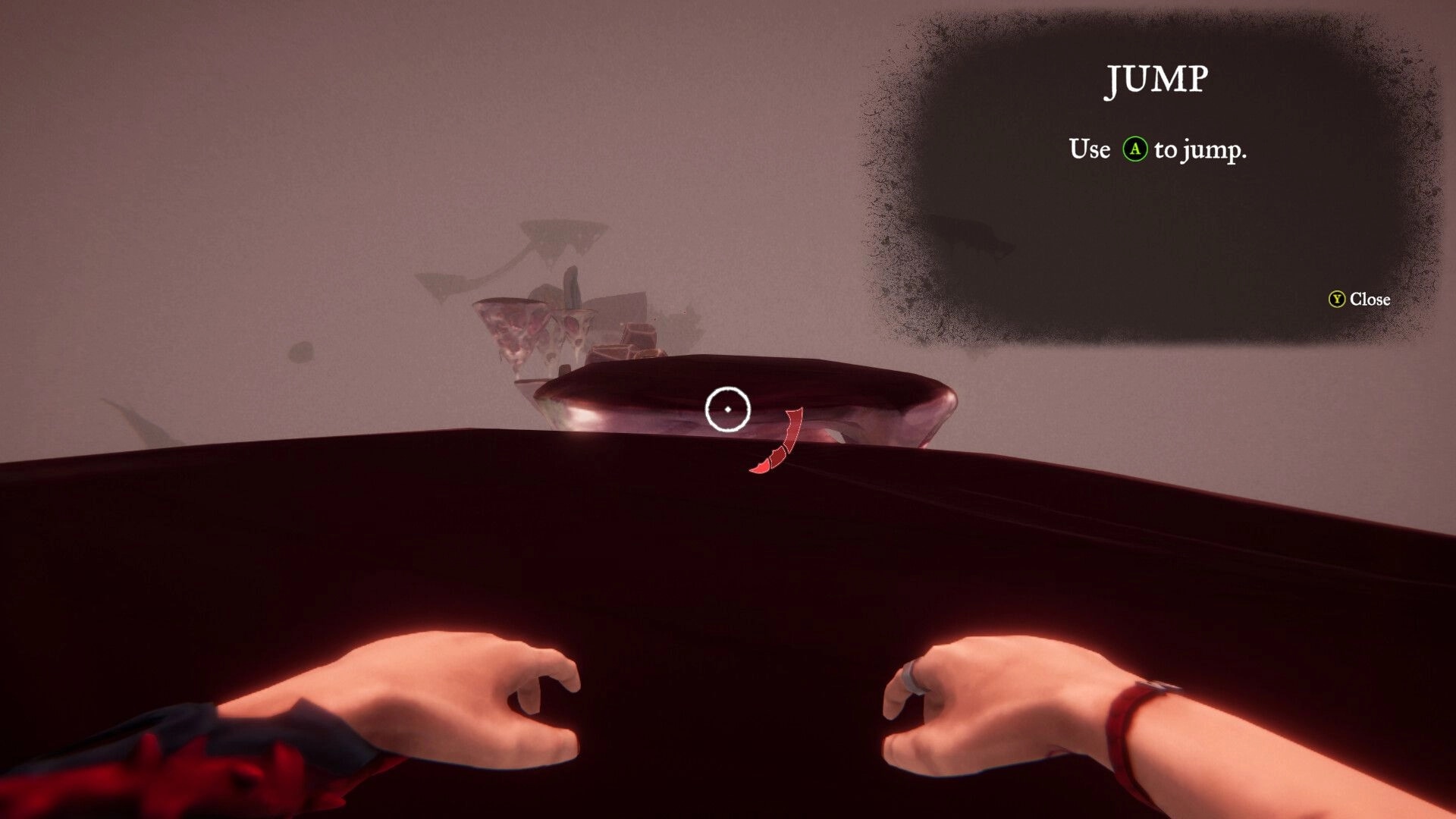 Cause to Exist: First-person view of hands reaching out with jump prompt in a surreal platform landscape