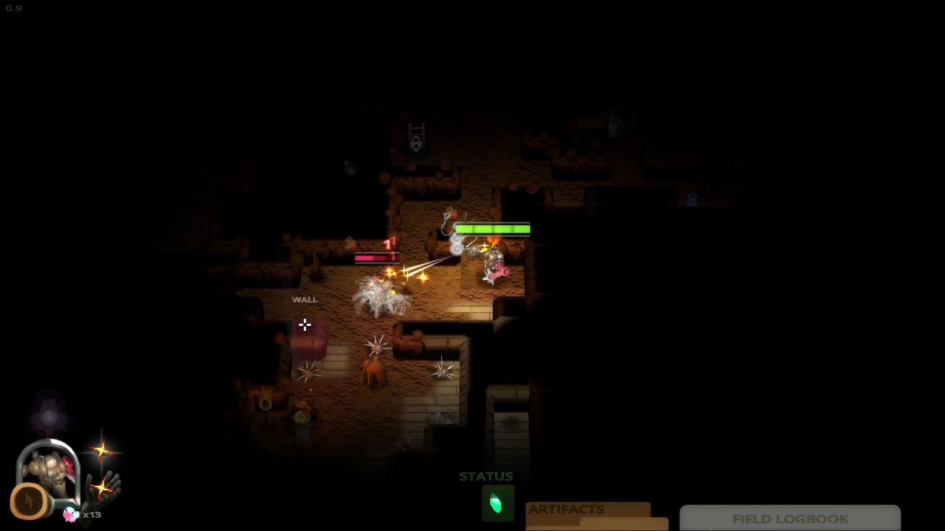 Cavern: Player fires projectiles at a spider enemy in a dim cave corridor with health bars and HUD.