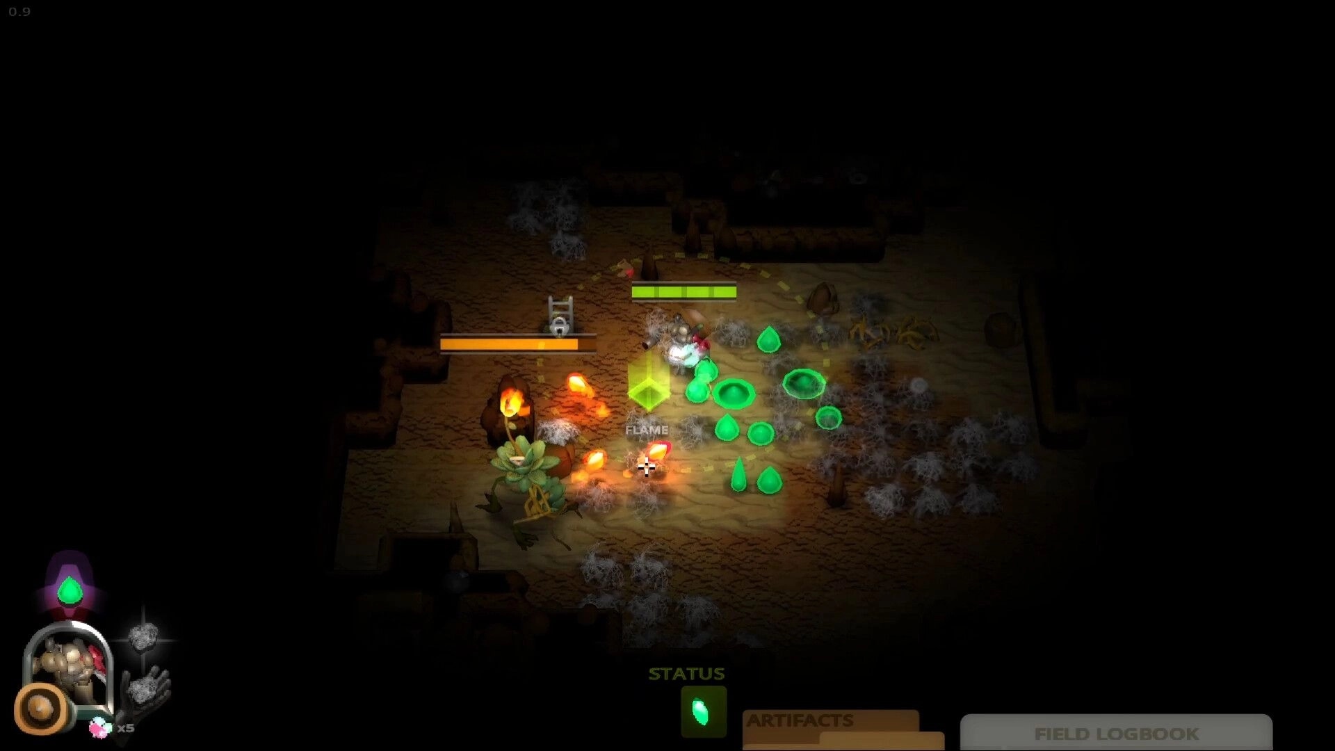 Cavern: Player attacks a plant monster as green slime blobs scatter in a dim torchlit cave room.