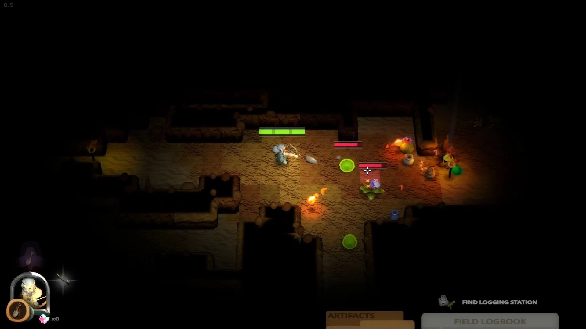 Cavern: Top-down combat with slimes and fireballs, health bars and quest UI in dim tunnels.