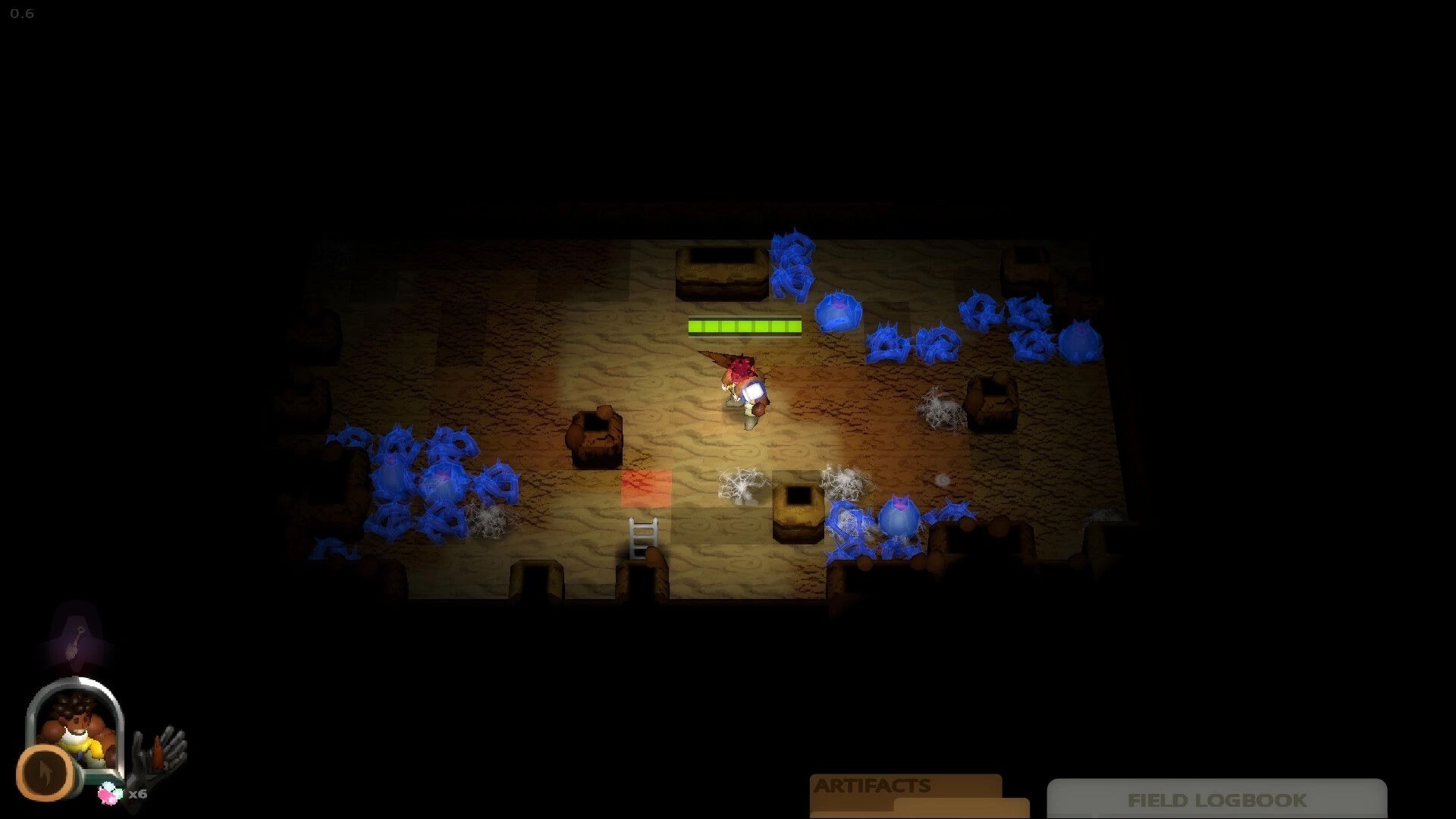 Cavern: Hero explores a torchlit room with health bar, pots, webs, ladder, and blue slimes nearby.