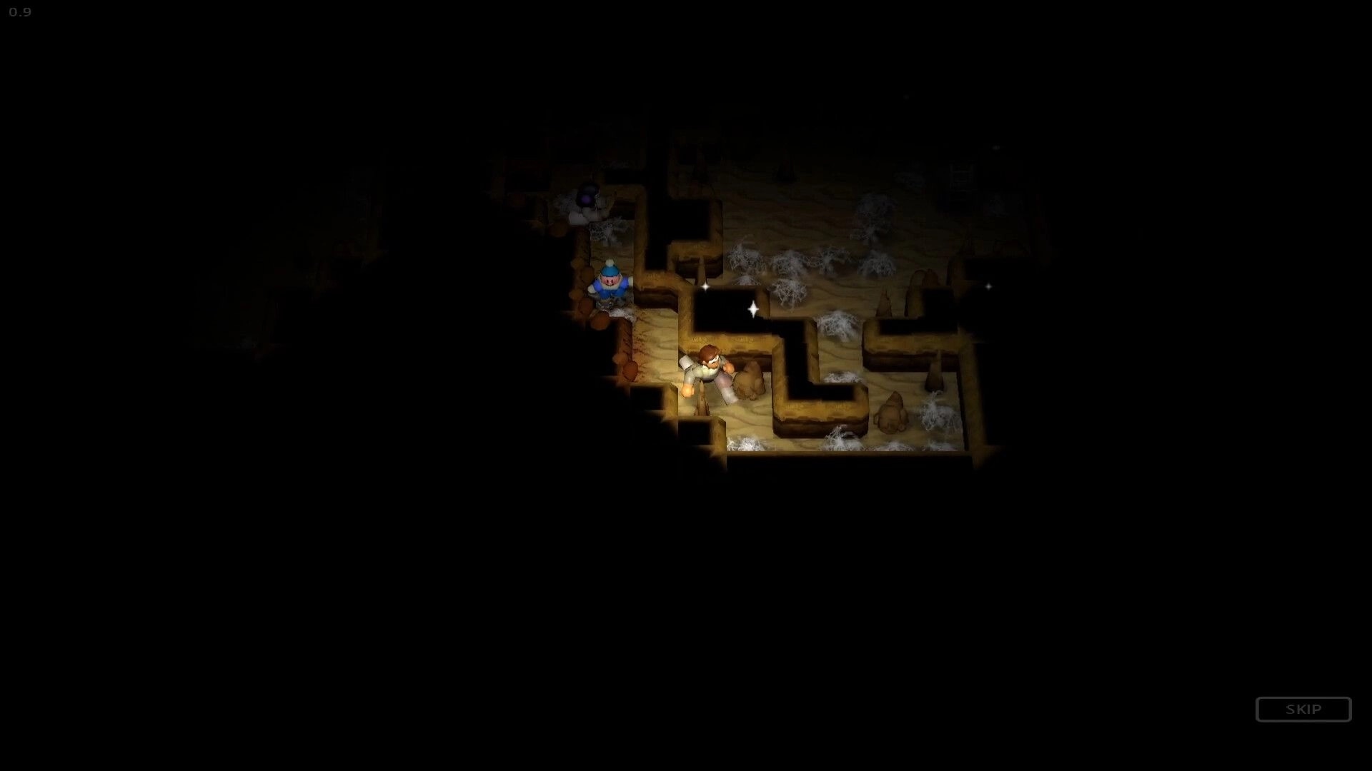 Cavern: Explorer with torch navigates narrow tunnels past webs and rocks in a dim cavern maze.